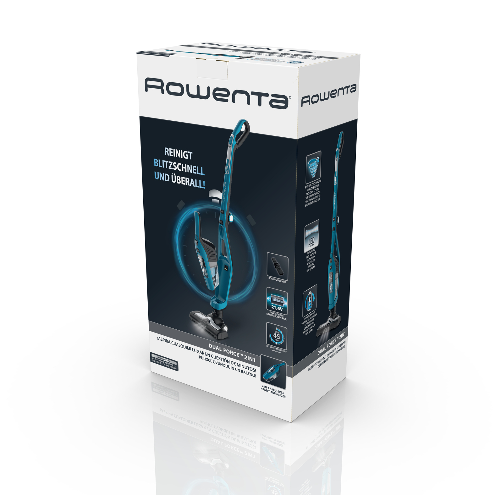 Caja de una aspiradora Rowenta Dual Force 2 en 1. La aspiradora es verde azulado, con una imagen y información.