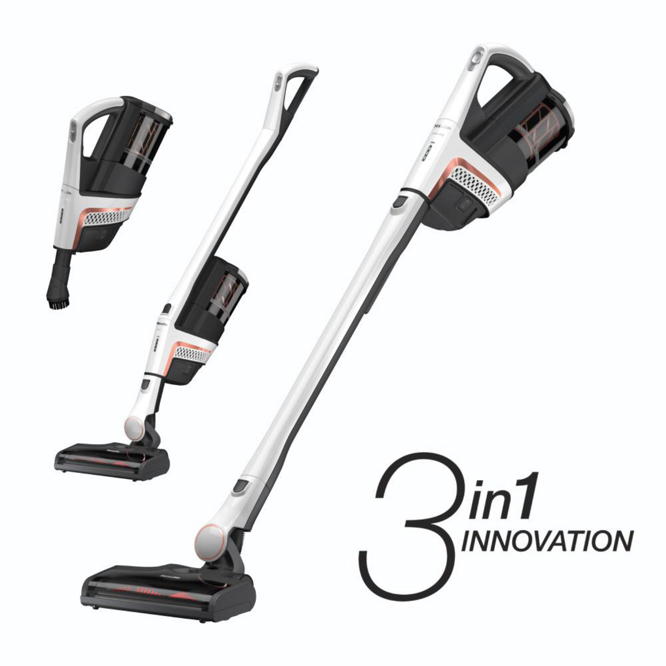 Weiß-schwarzer Staubsauger. Zeigt drei Winkel und den Text '3 in 1 innovation'.