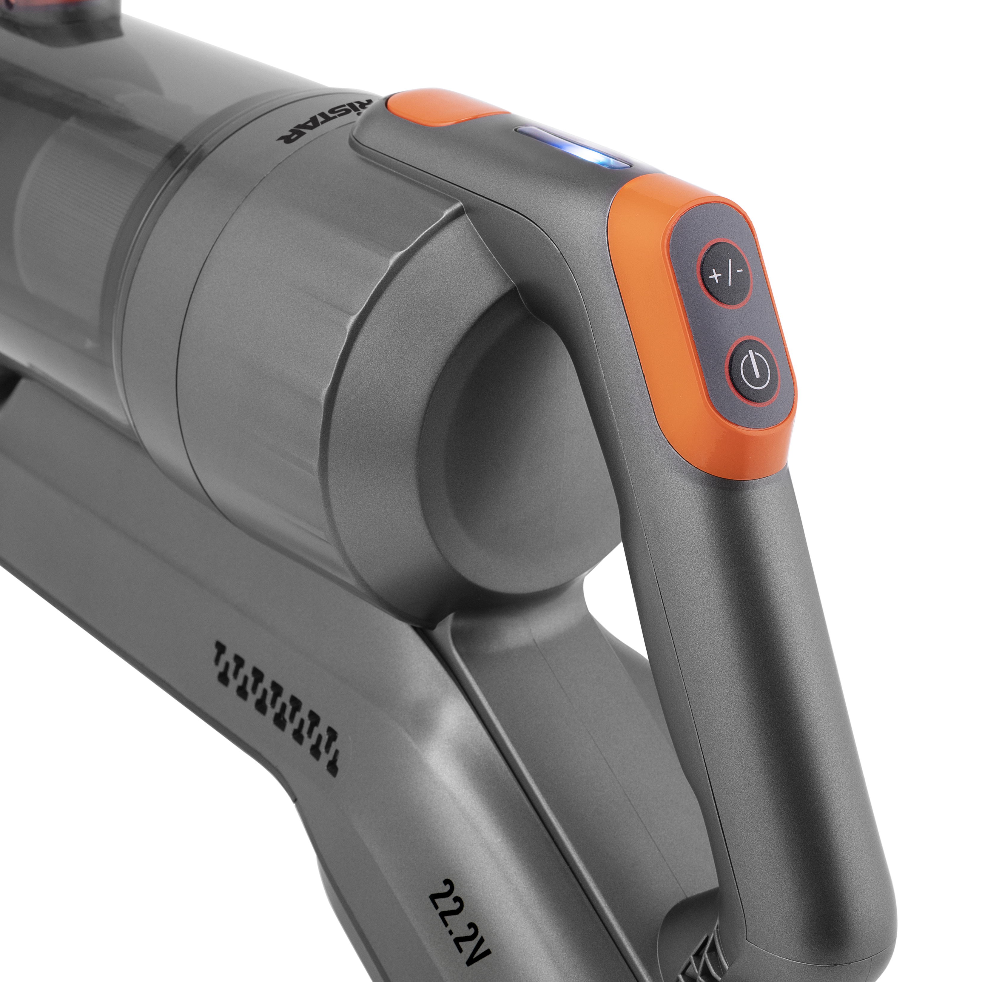 Una aspiradora de mano gris y naranja. Los botones son visibles y la marca es 'Aistair'.