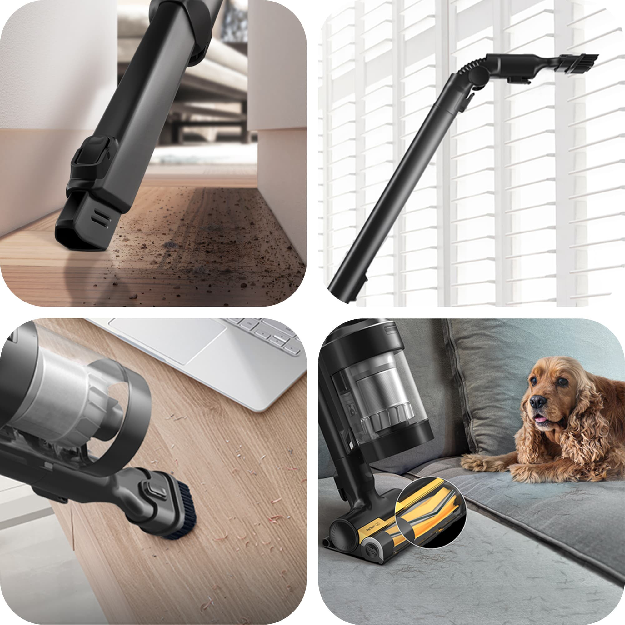 Vier Bilder mit einem Staubsauger. Reinigung eines Bodens, Jalousien, eines Tisches und eines Sofas mit Hund.