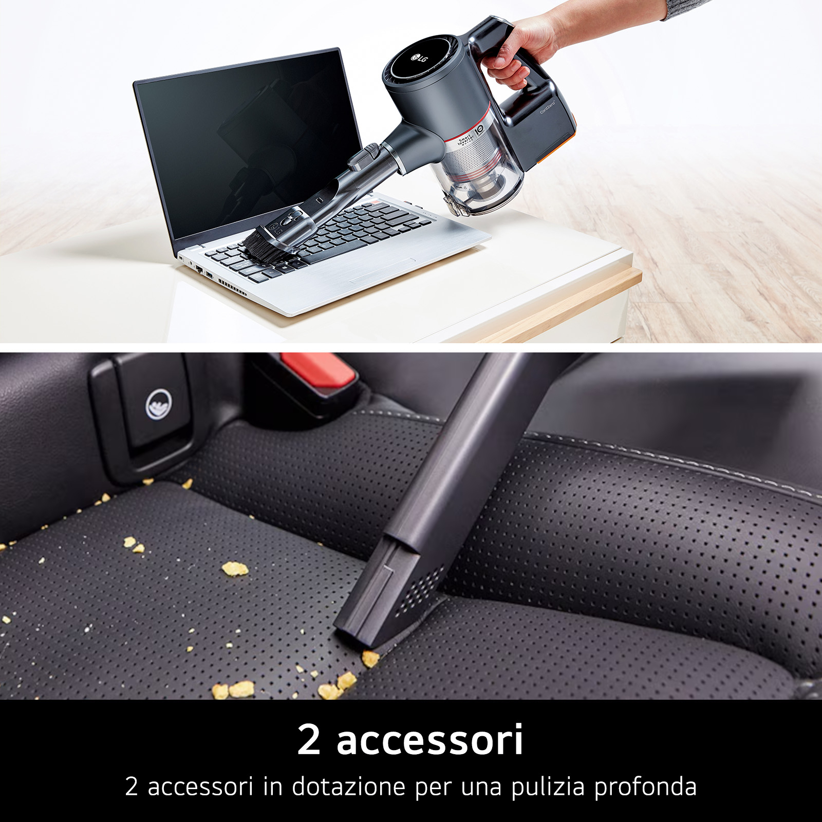 Aspirapolvere con laptop e sedile auto. Mano che tiene l'aspirapolvere.