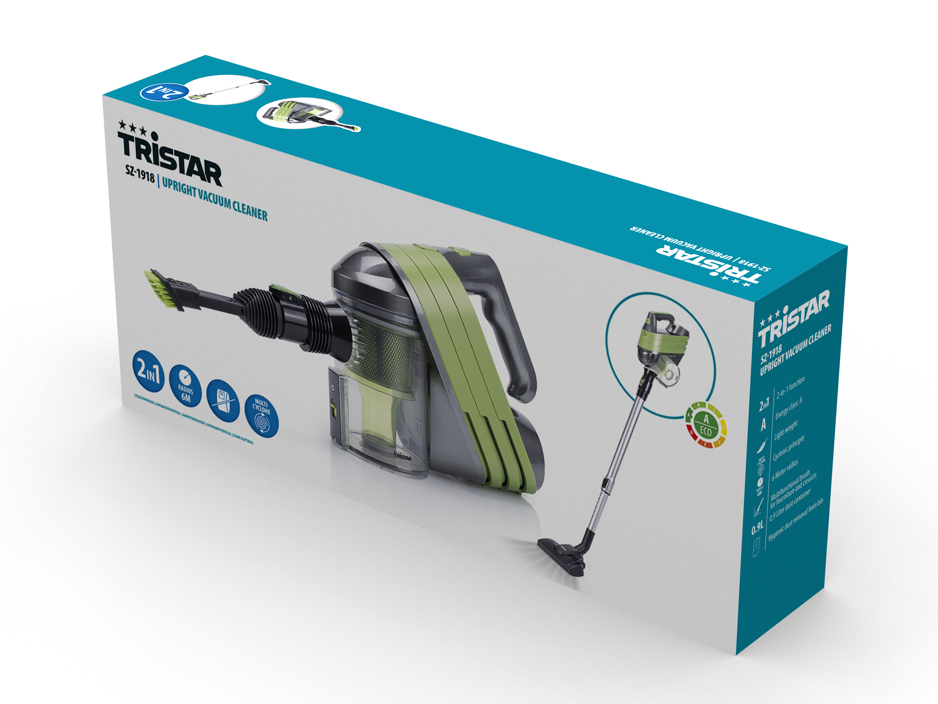 Karton eines Tristar-Stielstaubsaugers, grün und schwarz, mit Produktdetails und Bildern.