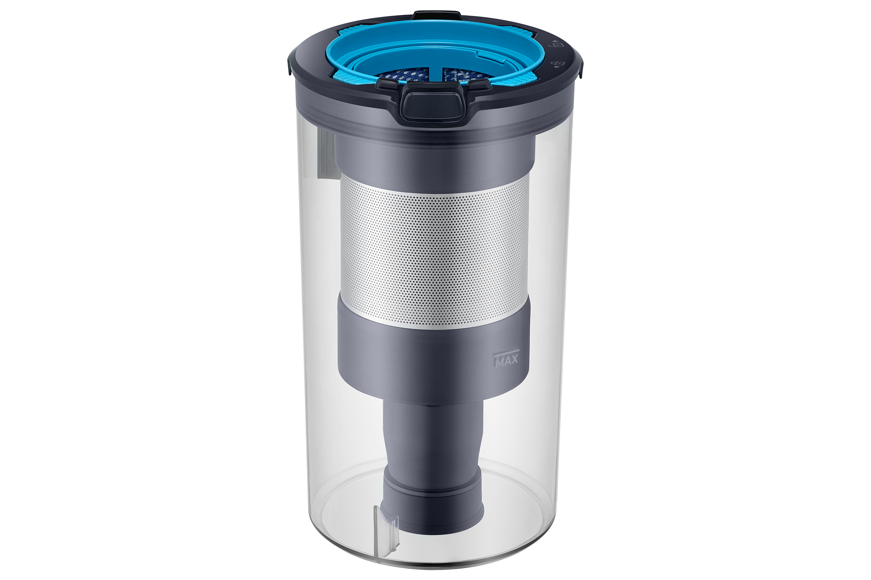 Przezroczysty pojemnik odkurzacza z cylindrycznym filtrem pośrodku. Pokrywa jest niebieska.