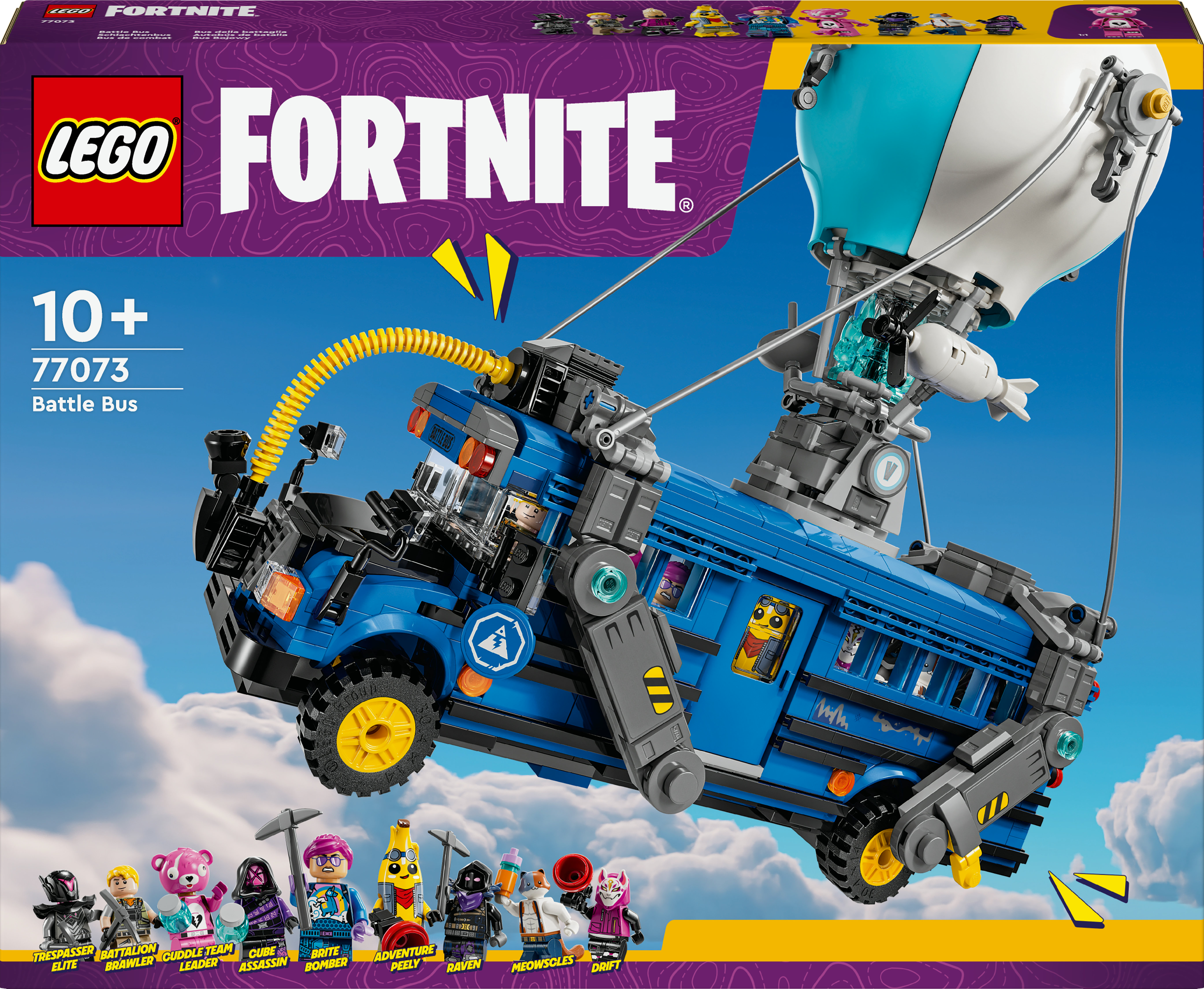 Un modelo LEGO Fortnite Battle Bus flota en el cielo. Varias minifiguras están en primer plano.
