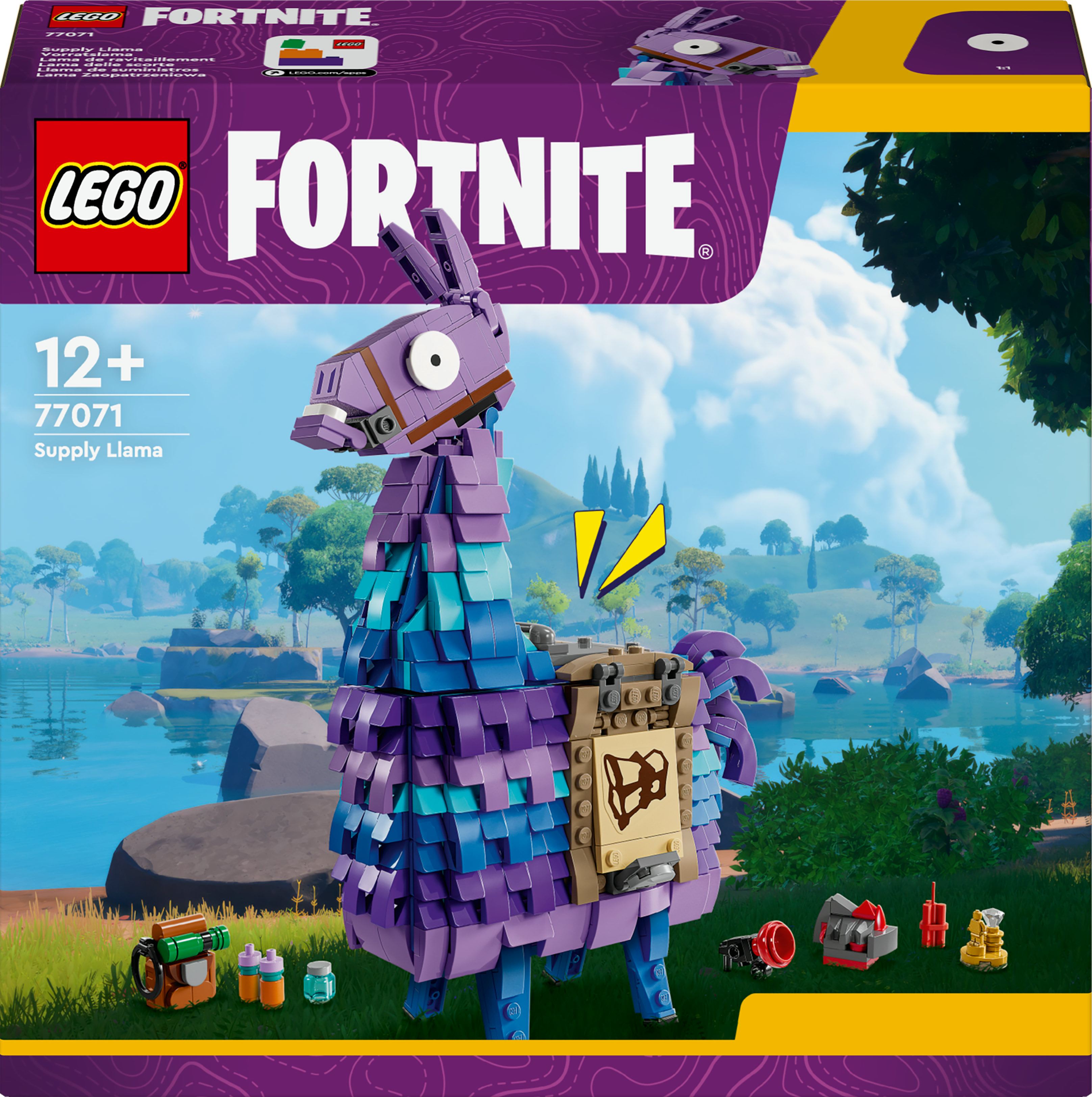 Caja del set Lego Fortnite. Una llama morada sobre hierba verde, con un lago y montañas al fondo.