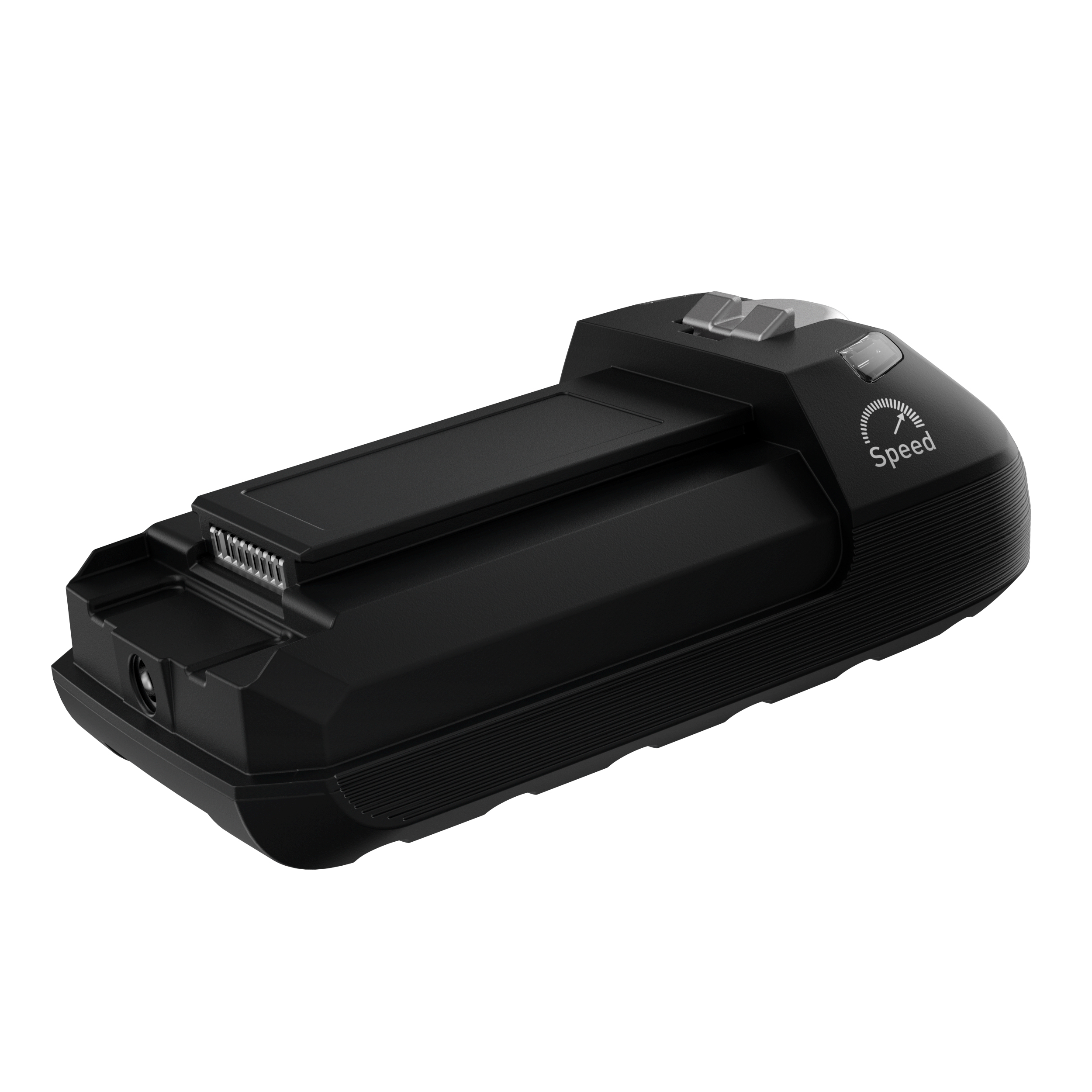 Batteria nera con indicatore di velocità. Di forma rettangolare con superficie nera.