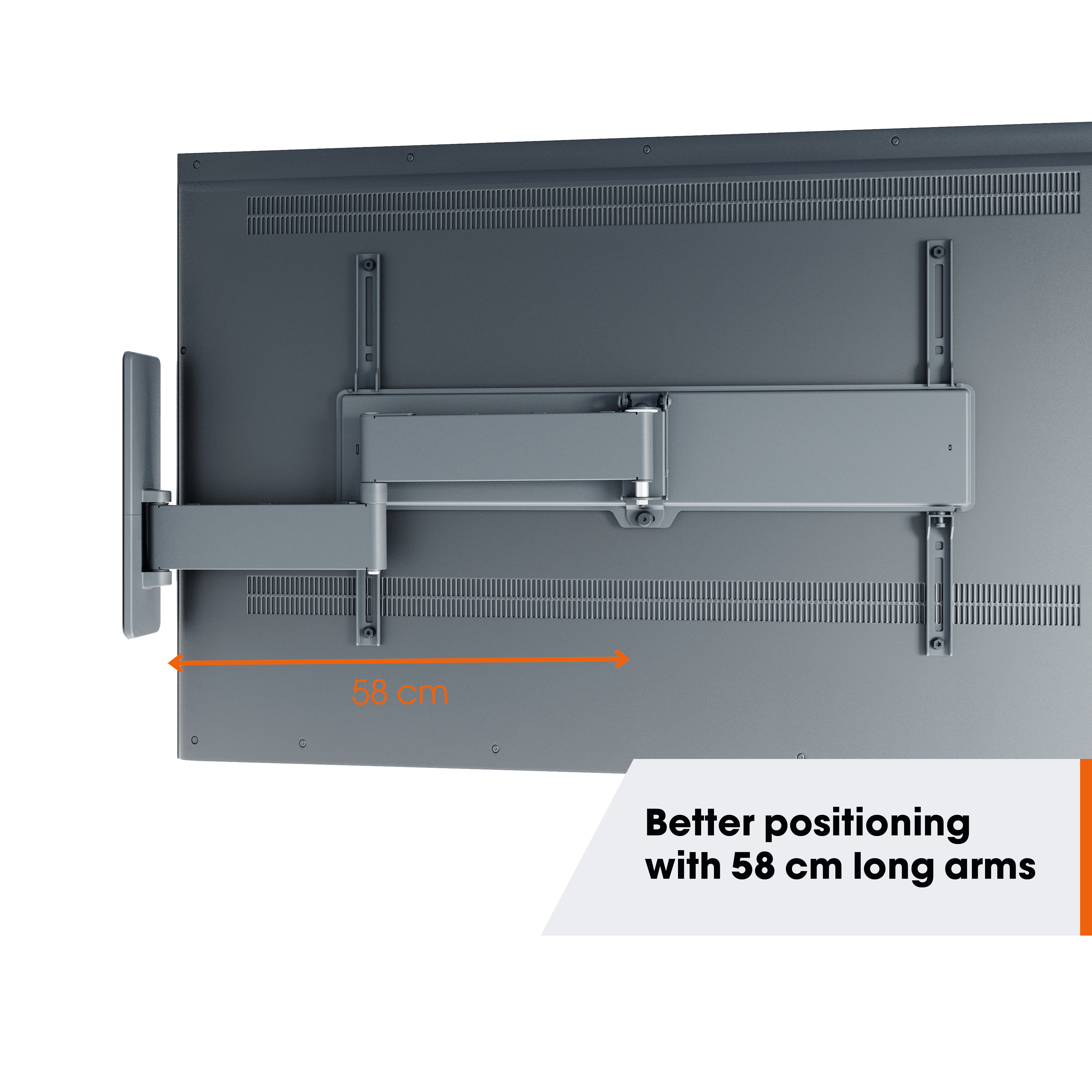 Uchwyt do telewizora o długości ramienia 58 cm, zamontowany na szarej ścianie. Tekst: 'Lepsze pozycjonowanie'.