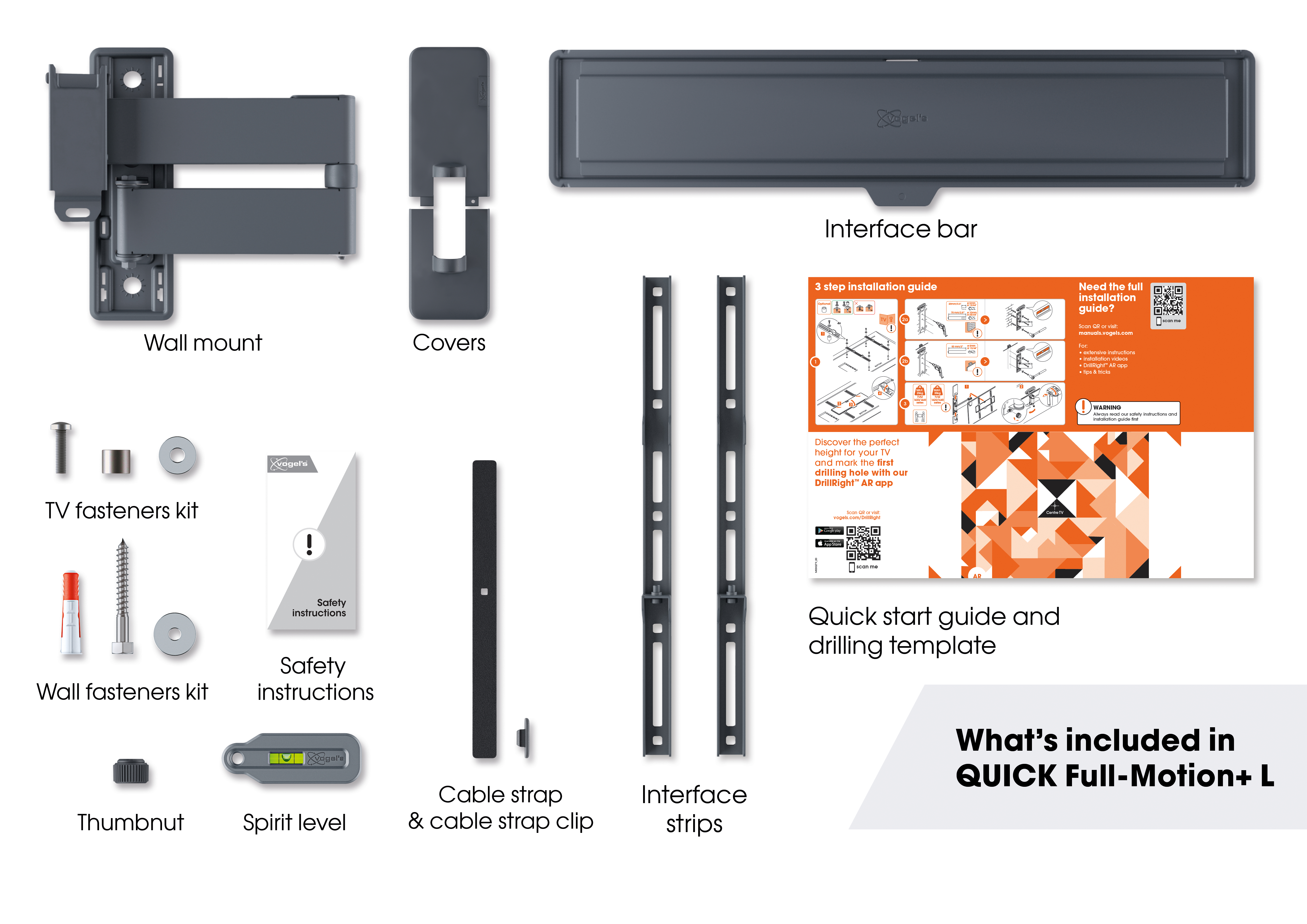Een set tv-montageaccessoires: muurbeugel, schroeven, kabelbinders en instructies.