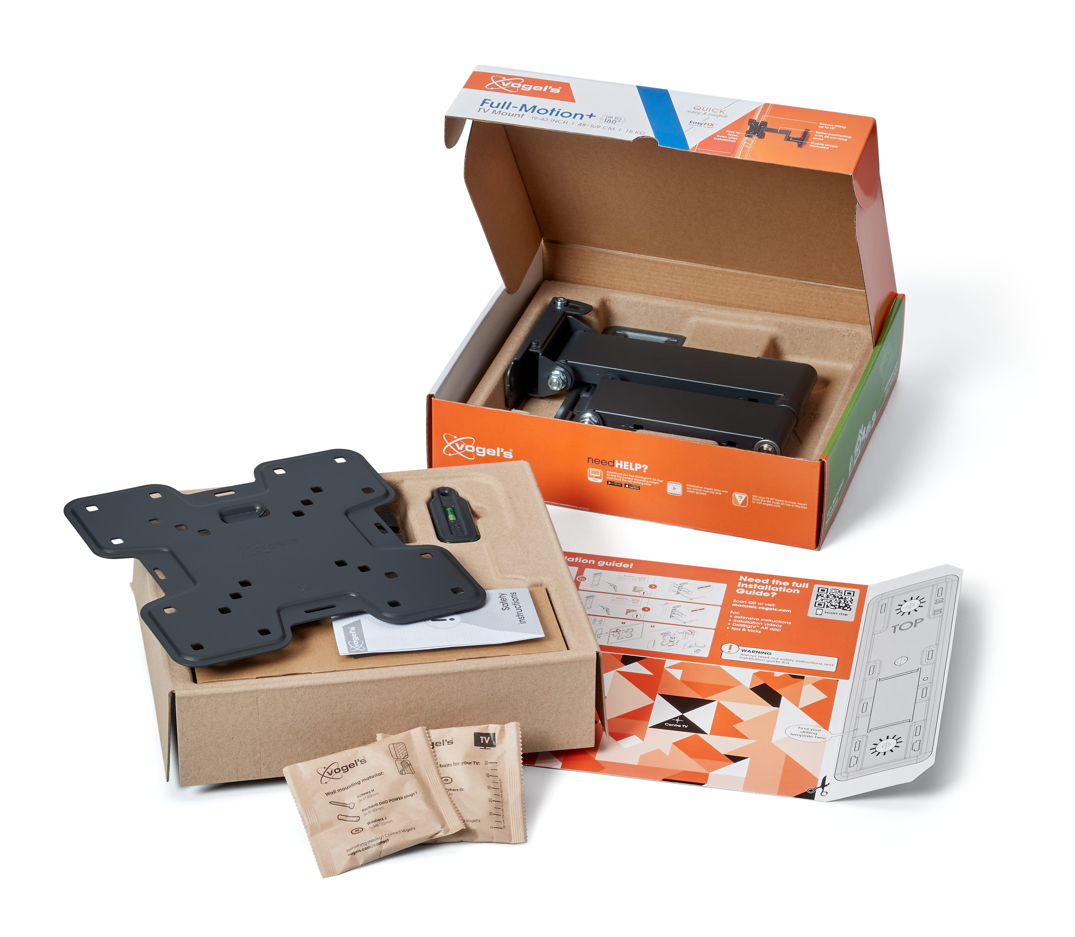 Pudełka z uchwytem do telewizora w środku. Pudełko jest otwarte i zawiera elementy montażowe i instrukcje.