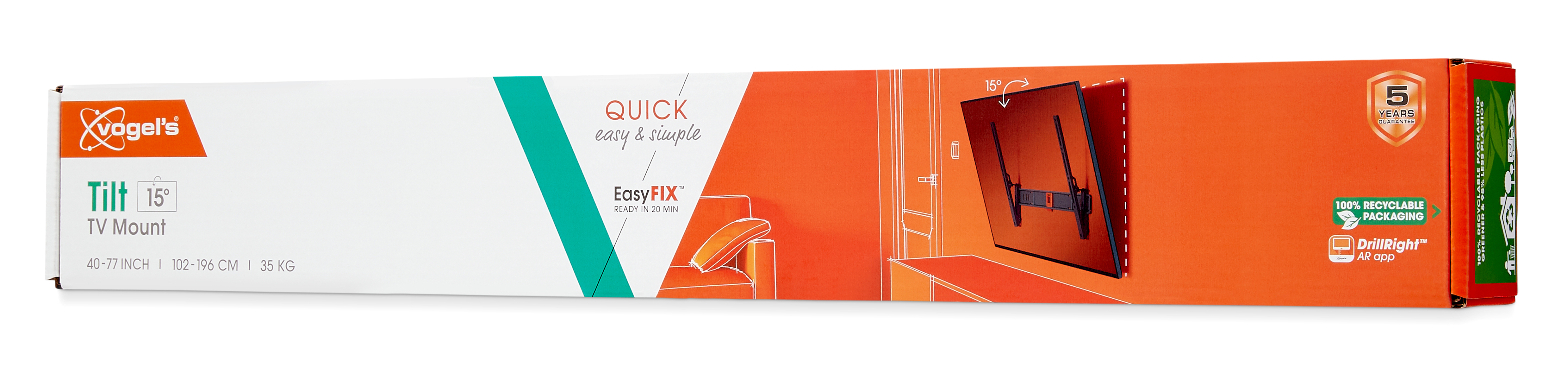 Długie pudełko z obrazem uchwytu TV. Pudełko jest białe, pomarańczowe i zielone. Widoczny tekst.