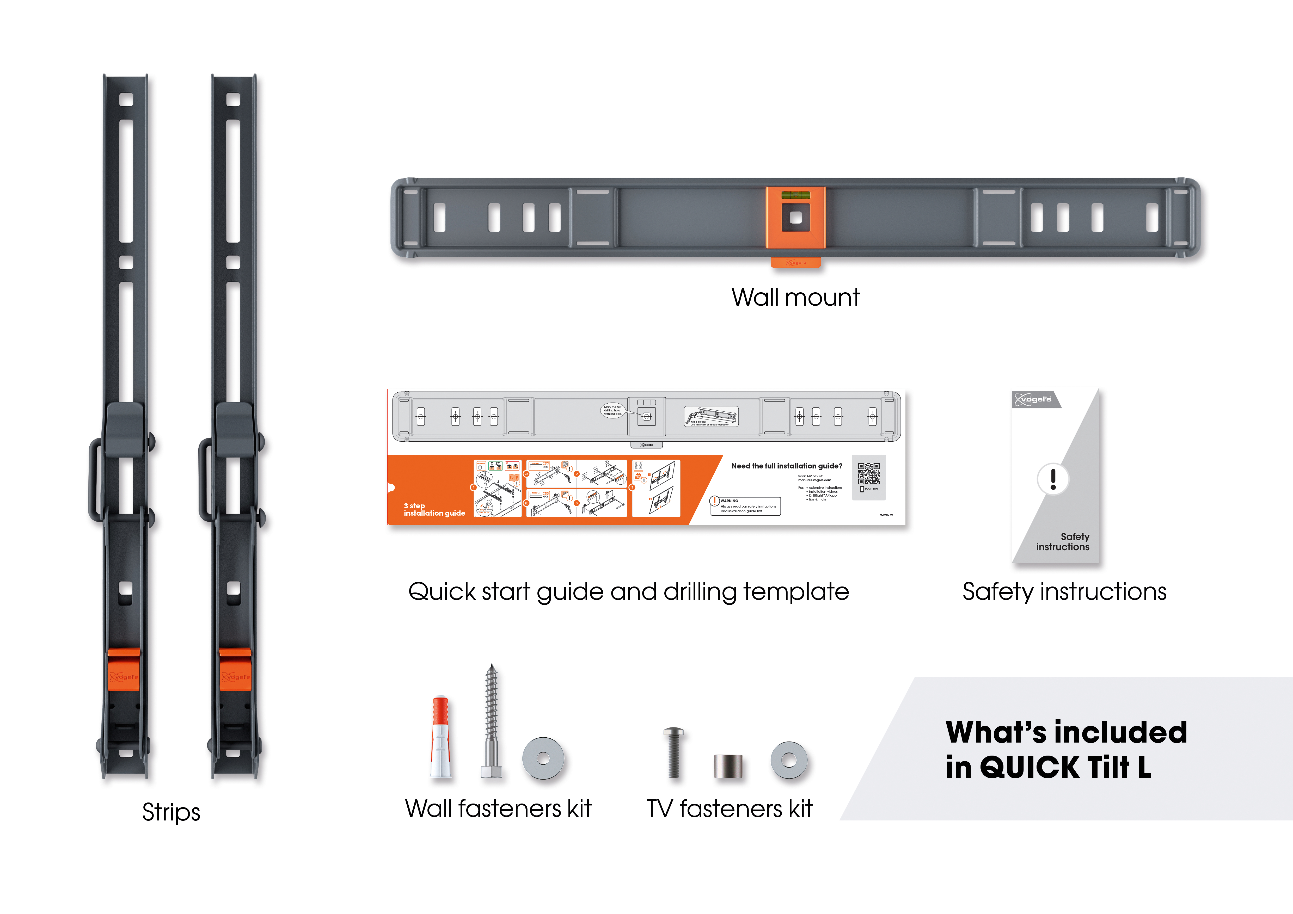 Tv-montageset met strips, schroeven, instructies en een muurbeugel. Alle items op een witte achtergrond.