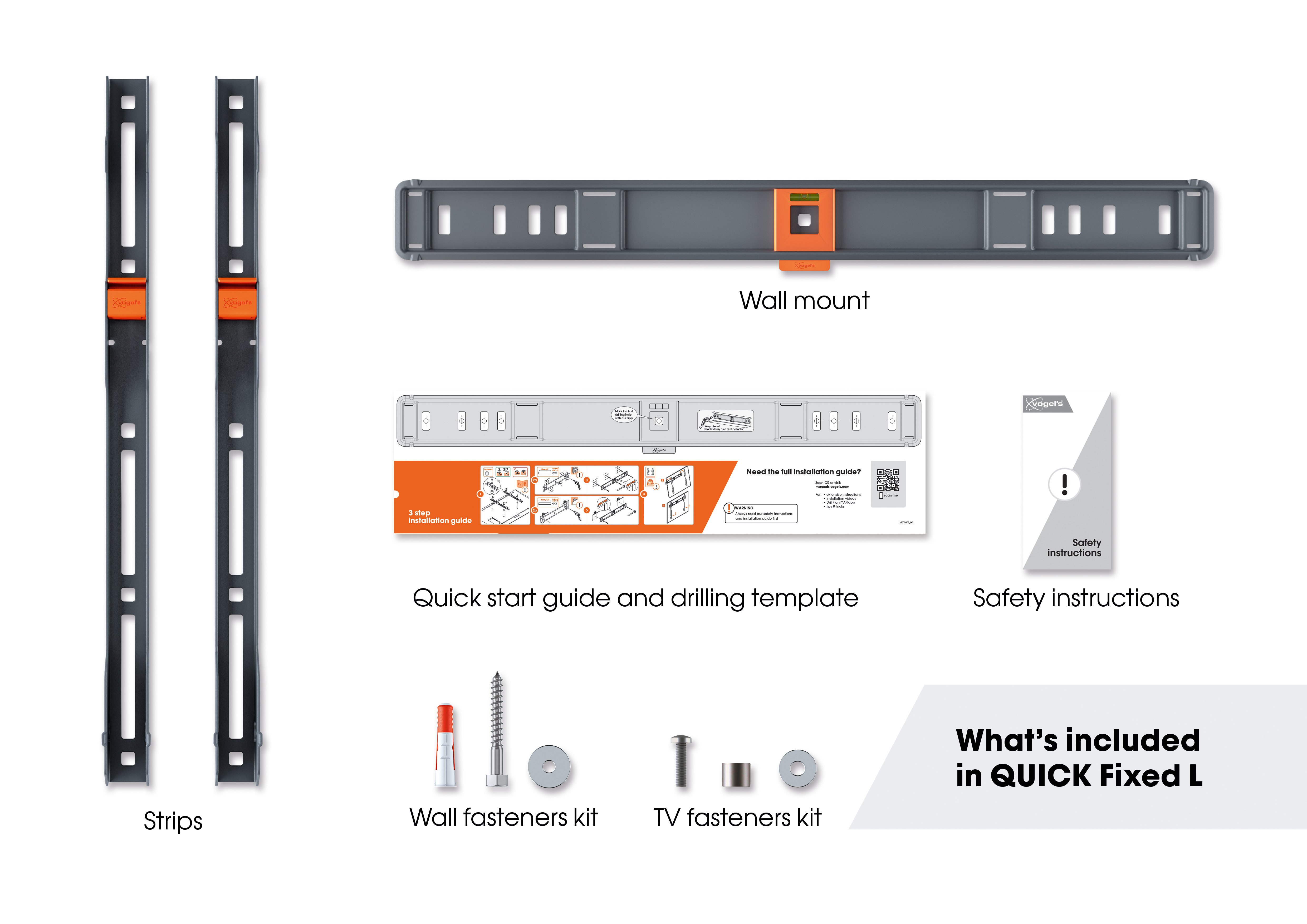 Various components of a wall mount TV bracket: strips, wall mount, quick start guide, and fasteners.