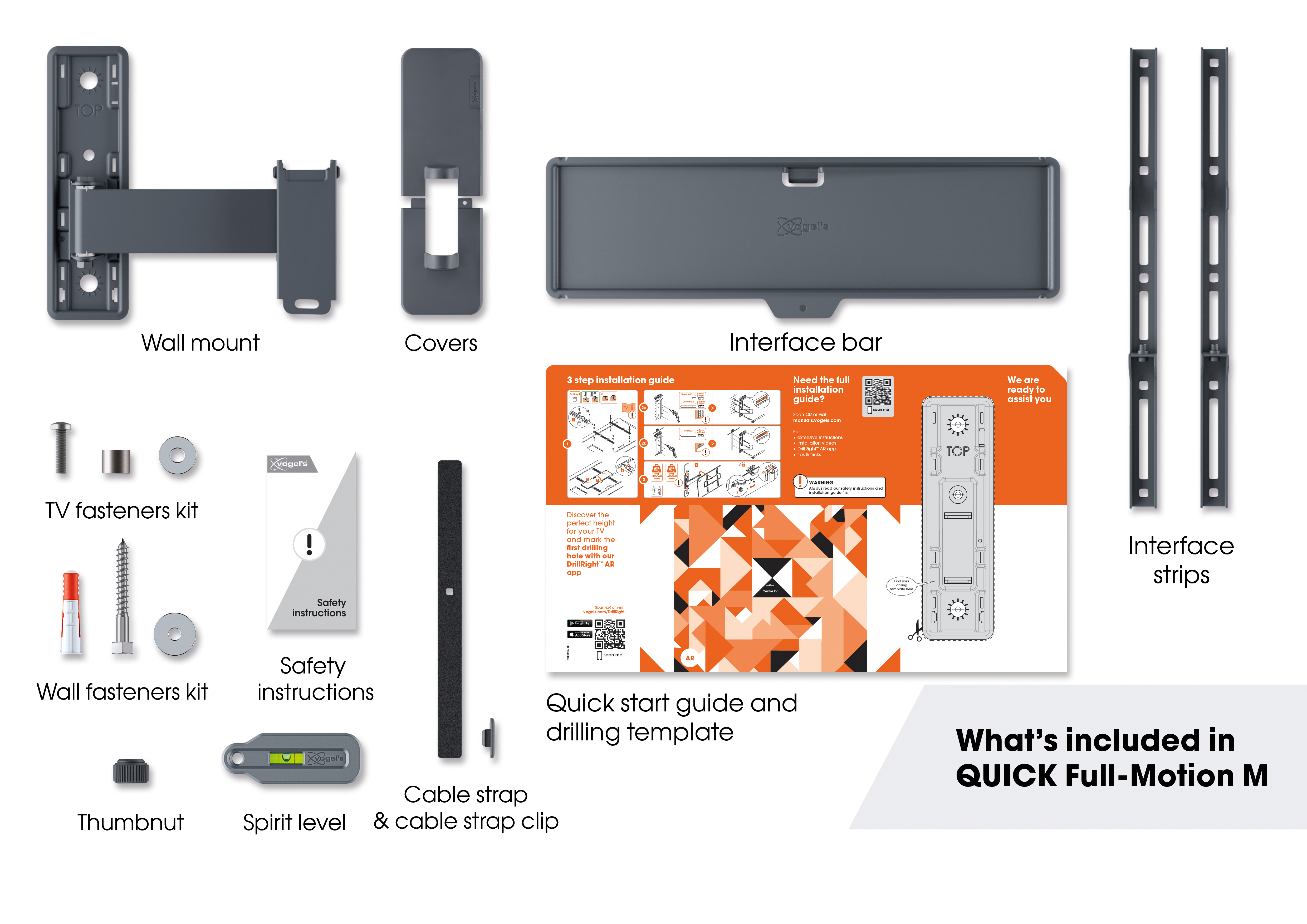 Różne elementy sprzętowe montażowe: uchwyt ścienny, osłony, belka interfejsu, elementy mocujące TV itp. Instrukcje w zestawie.