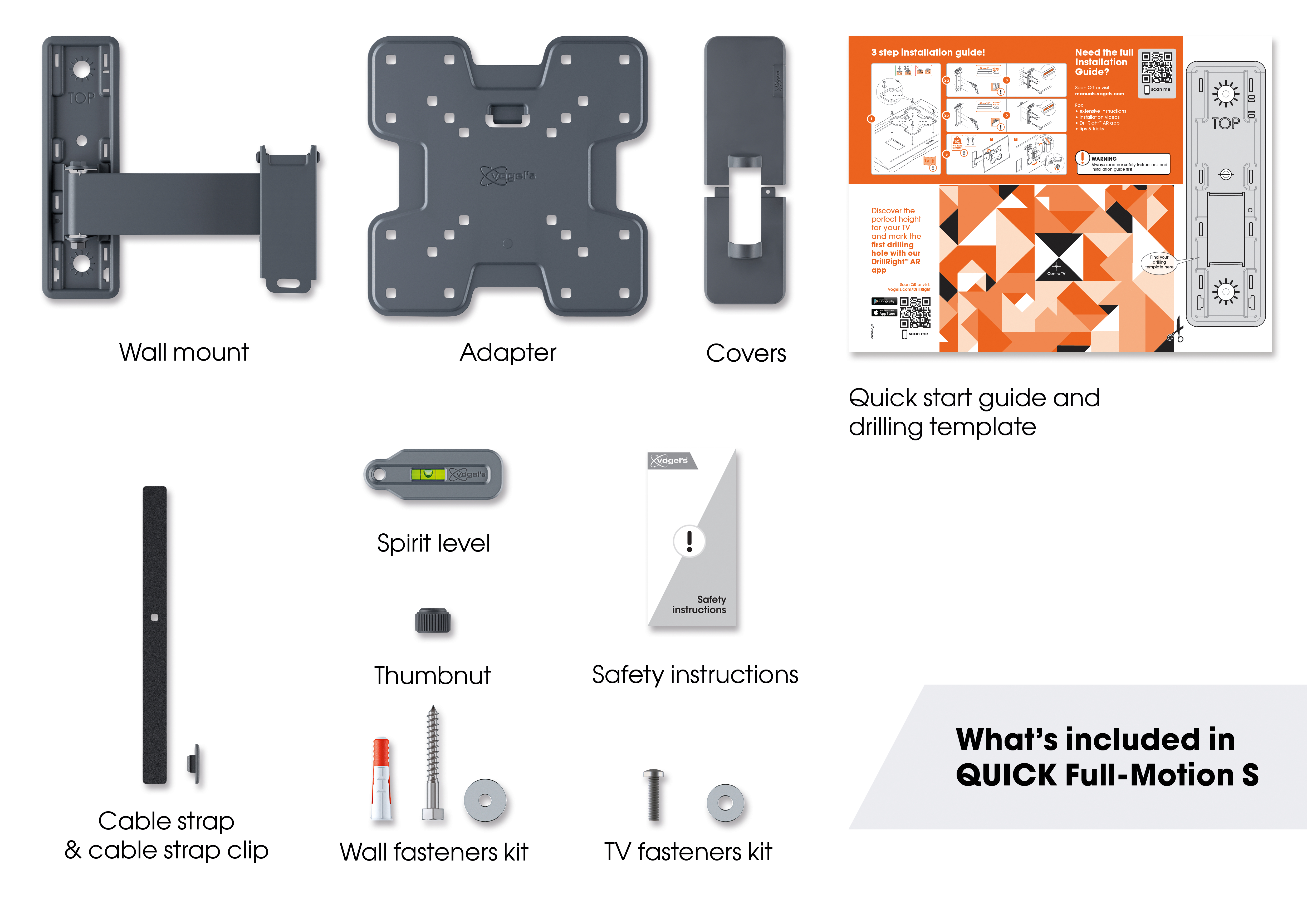 TV wall mount and accessories, including a spirit level and instructions. White background.