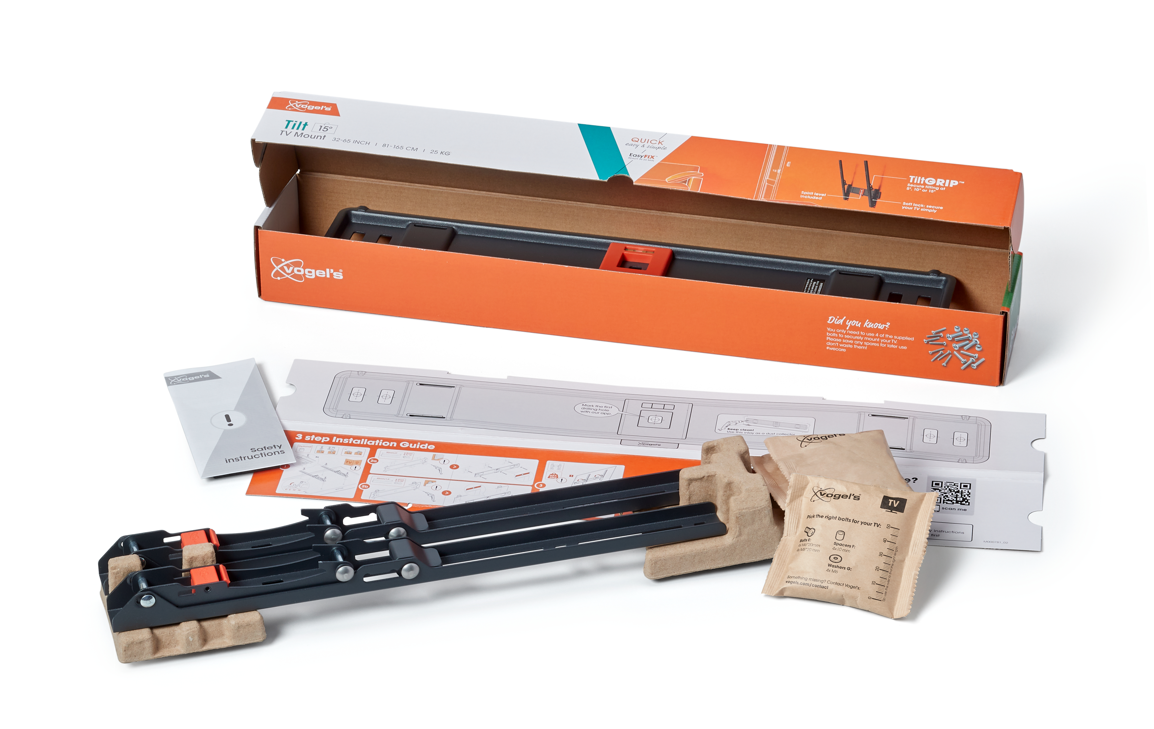 Vogel's tv-montageset. De set bevat montagehardware, instructies en een muurbeugel.