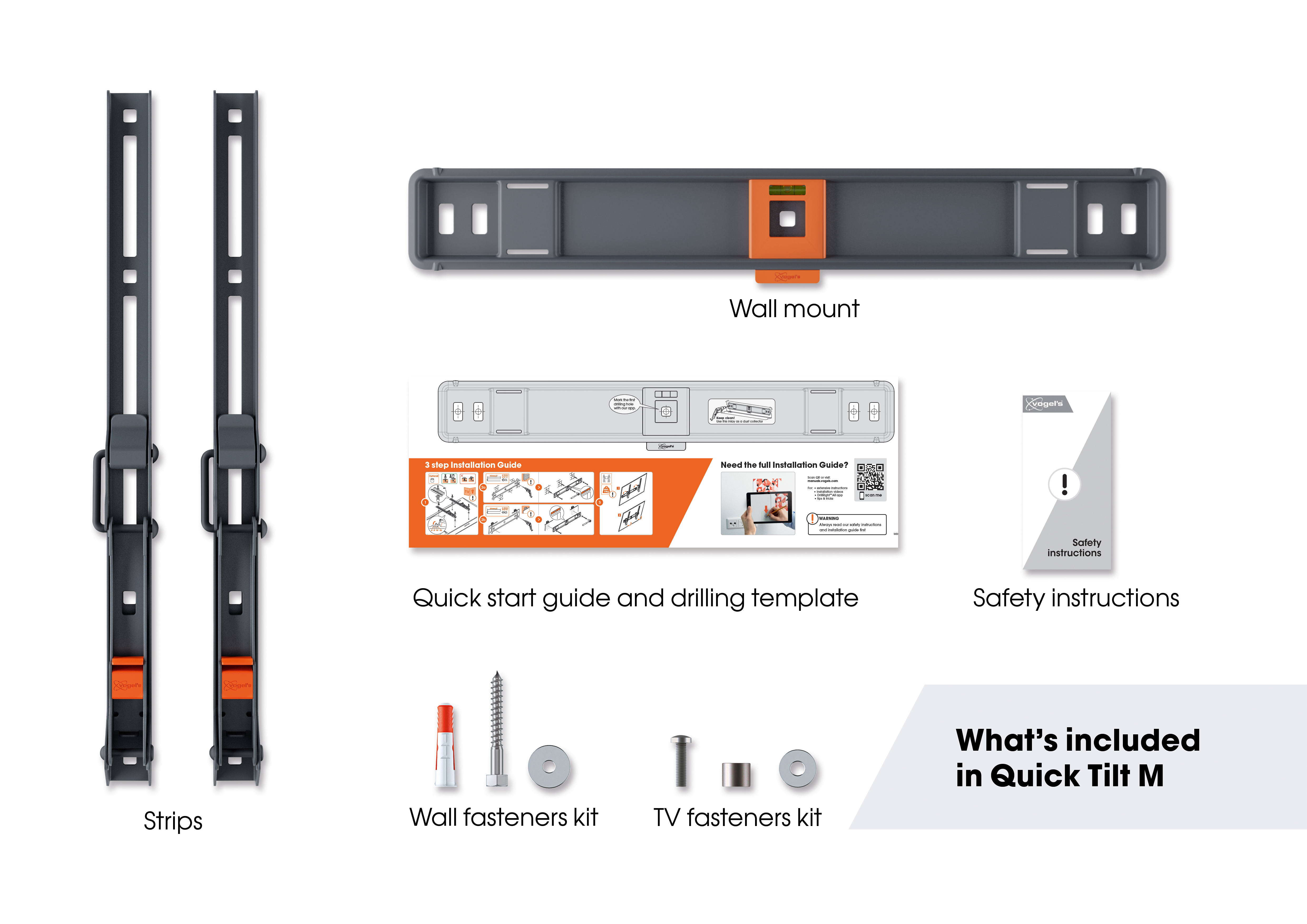 Wandmontageset met alle accessoires op een wit oppervlak gerangschikt.