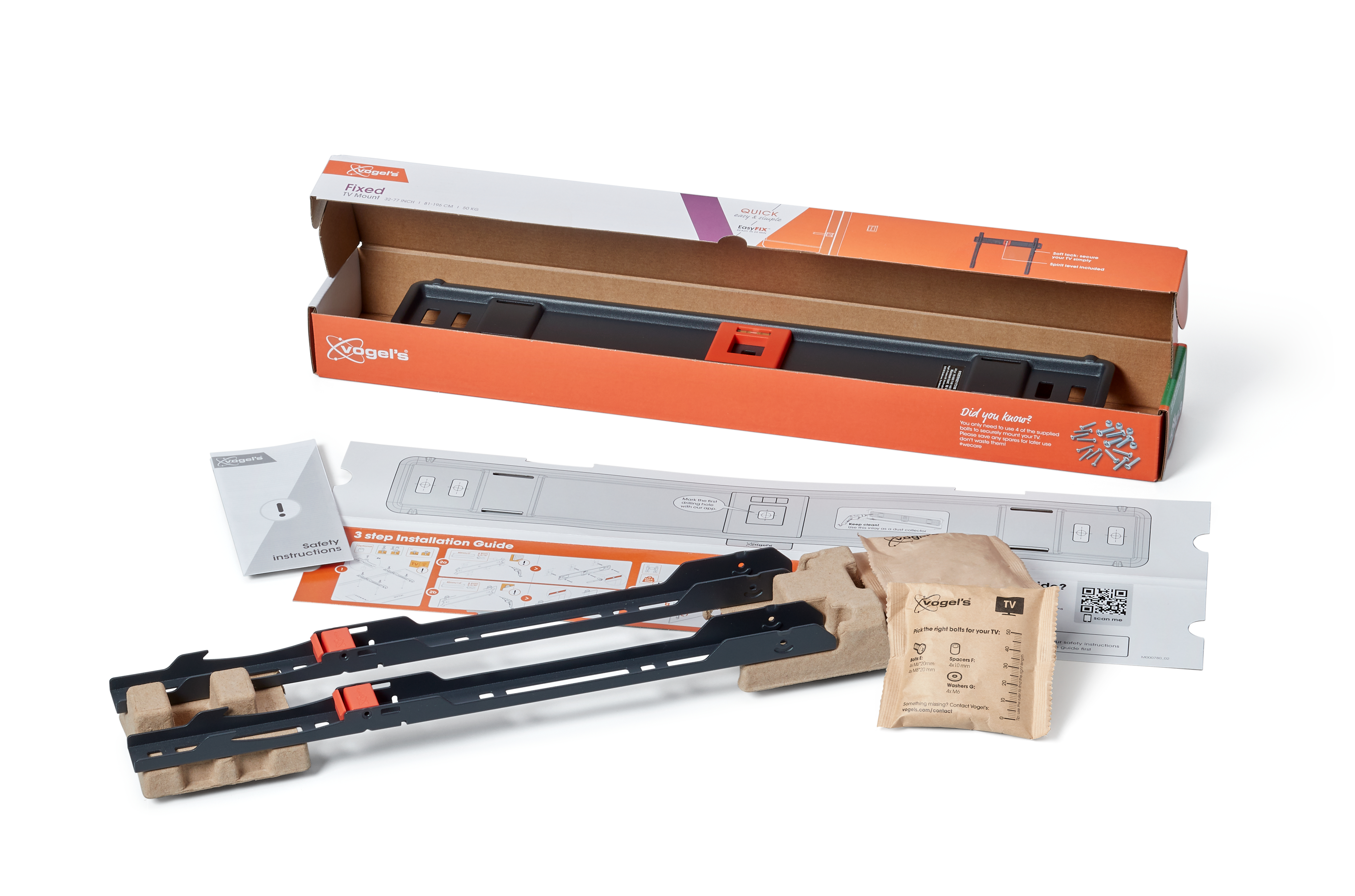 Opakowanie zawierające zestaw do montażu telewizora. Elementy obejmują wsporniki, śruby i instrukcje.