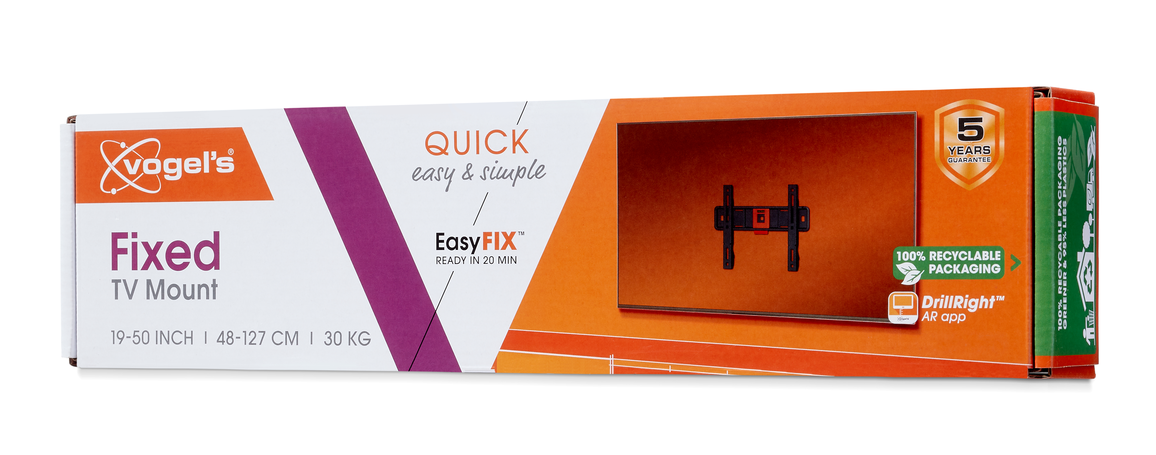 Pudełko z napisem 'Fixed TV Mount'. Zawiera uchwyt do telewizora. Kolory pomarańczowy, fioletowy i biały.
