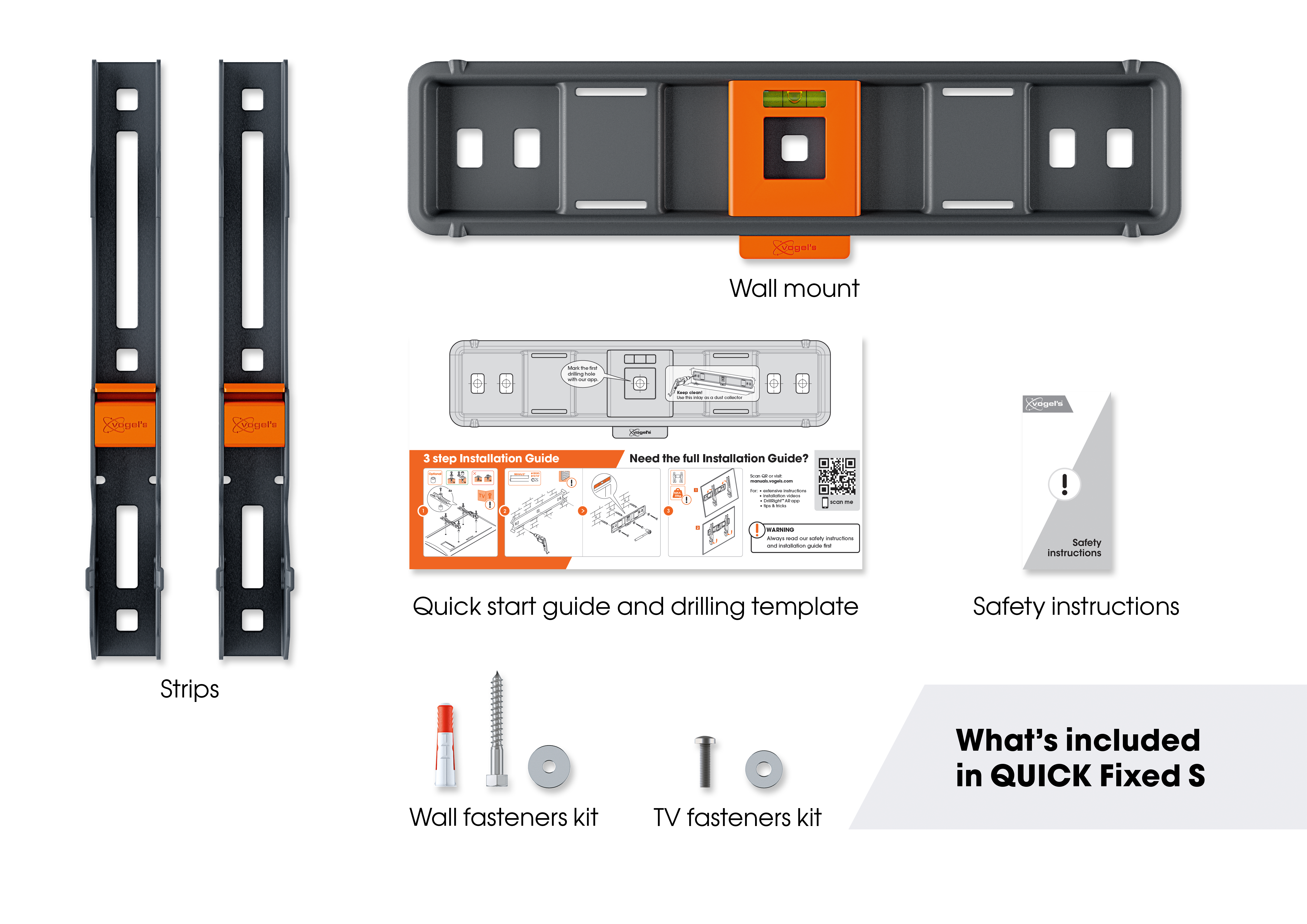 Zestaw do montażu TV z różnymi częściami: paski, mocowania, śruby i instrukcje.