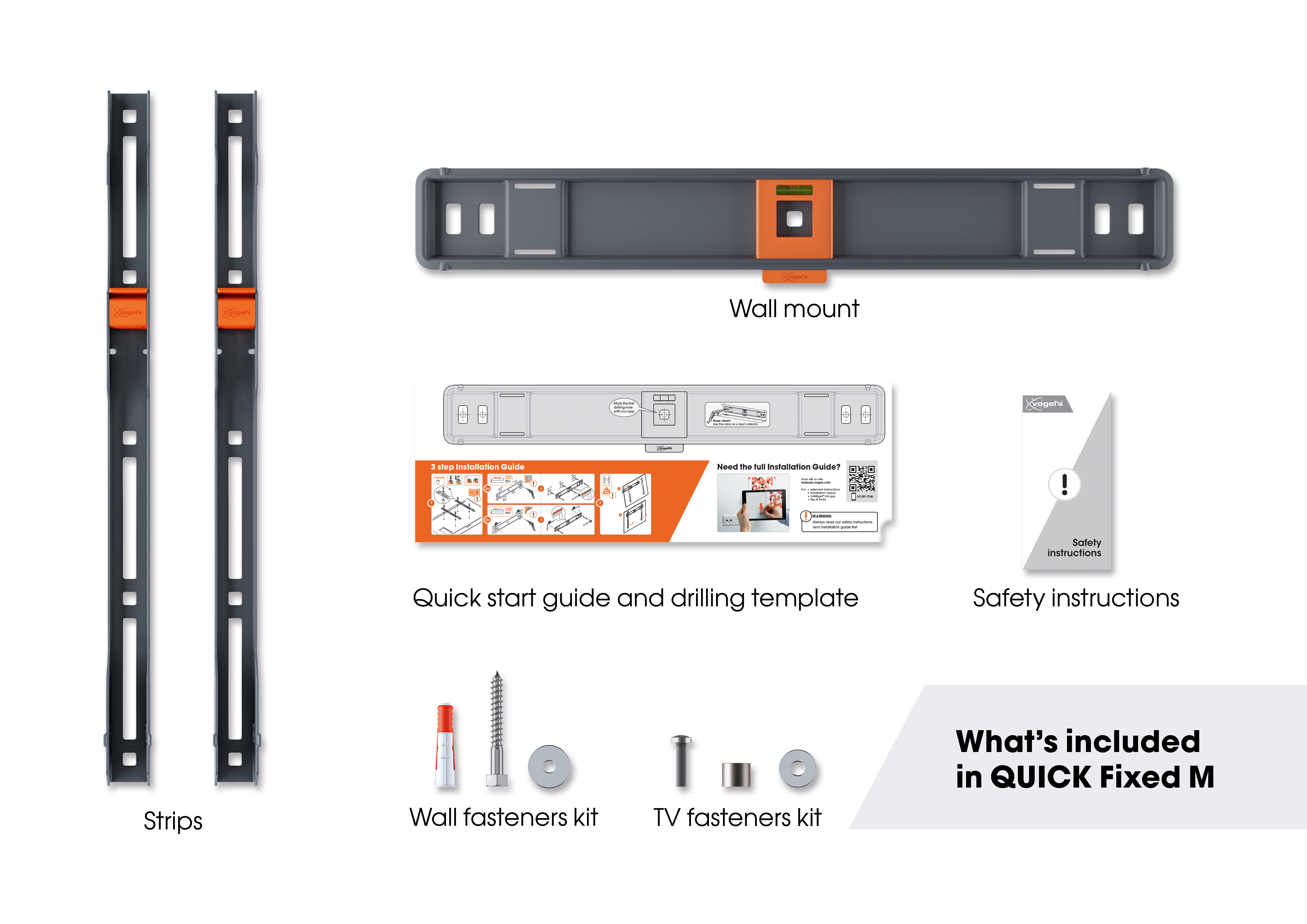 Wall mount kit with various components: strips, guide, screws, and instructions.