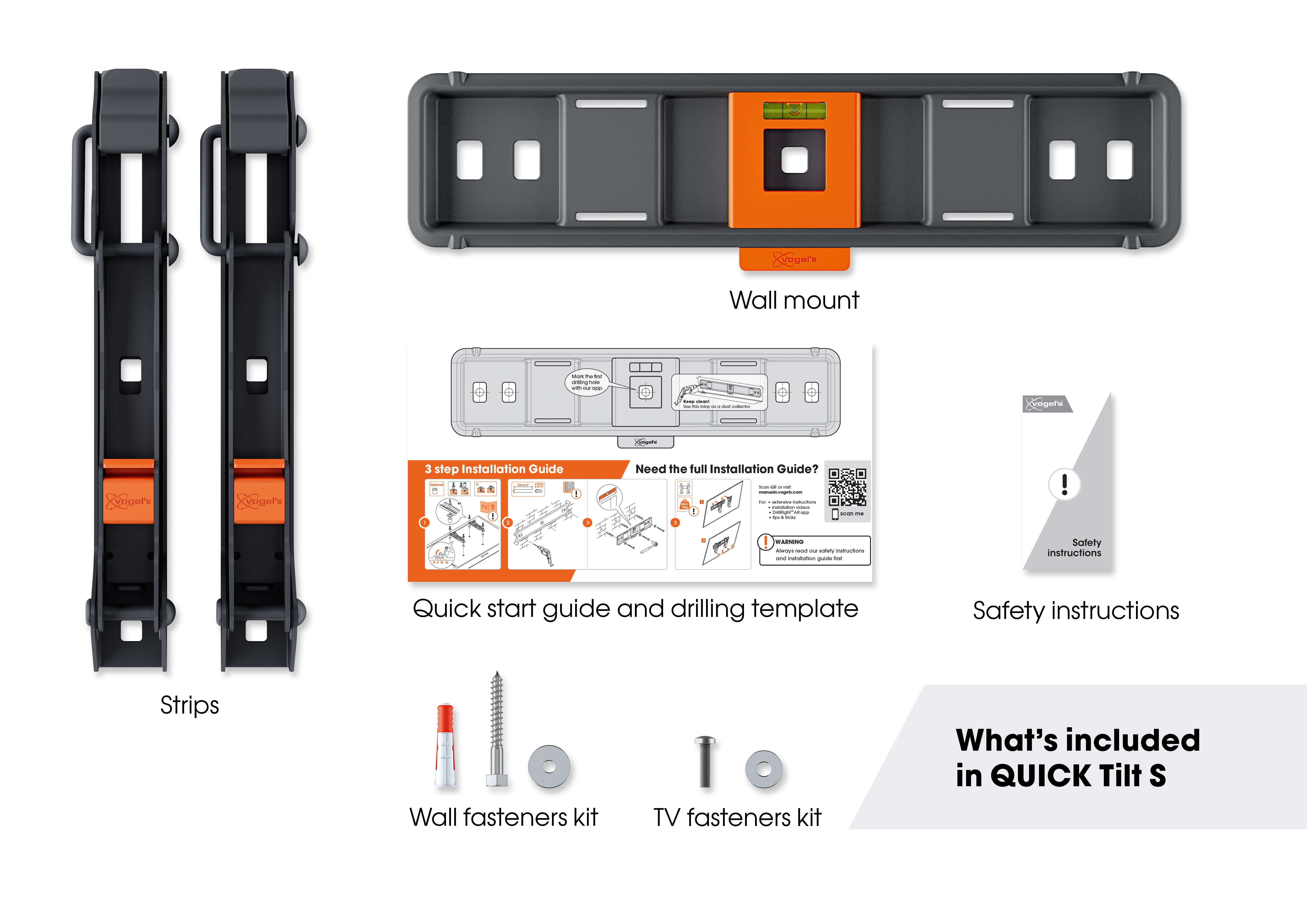 An exploded view of a TV wall mount kit with instructions, screws, and mounting brackets.