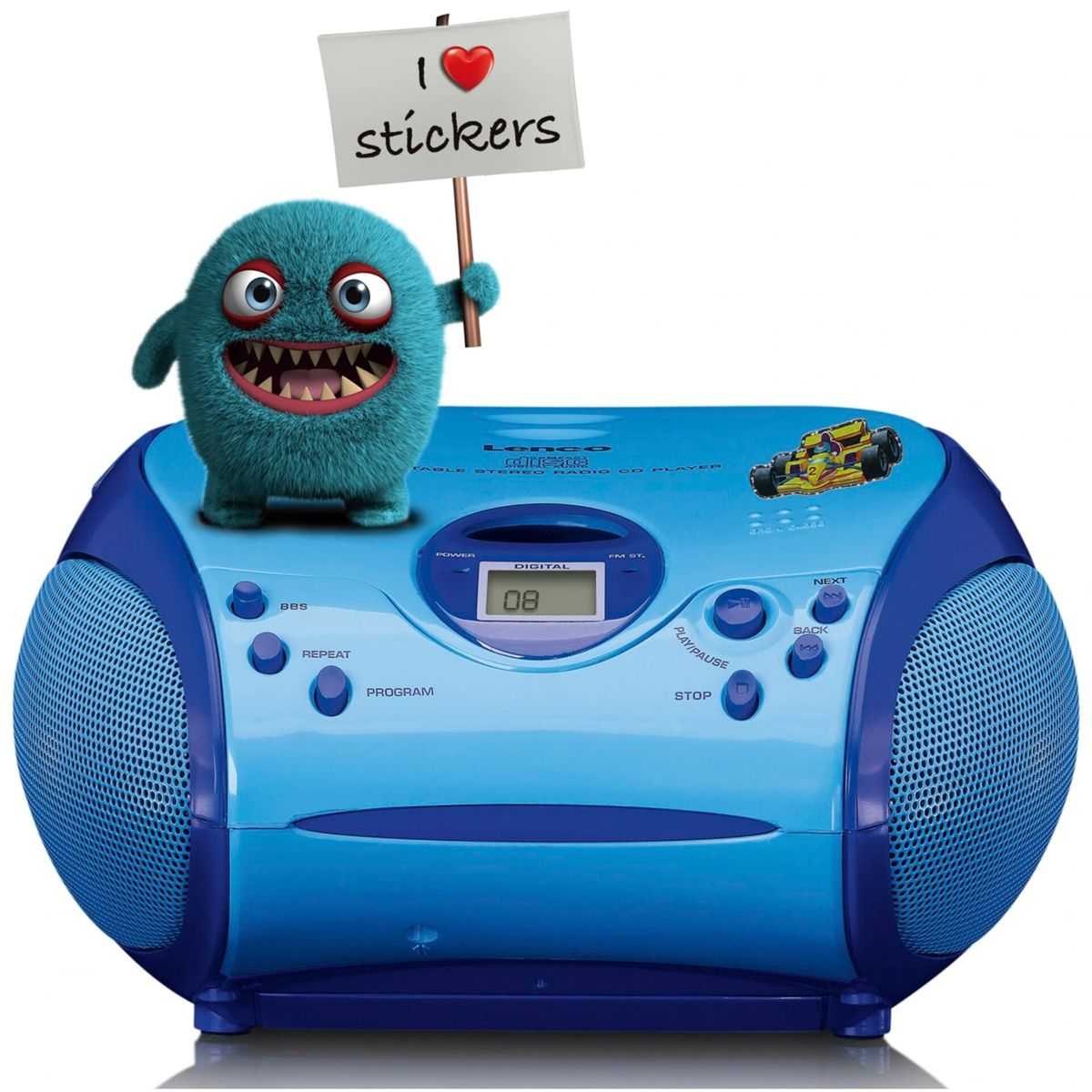 Eine blau-weiße Boombox mit einem Monster, das ein Schild mit der Aufschrift „Ich liebe Aufkleber“ hält.