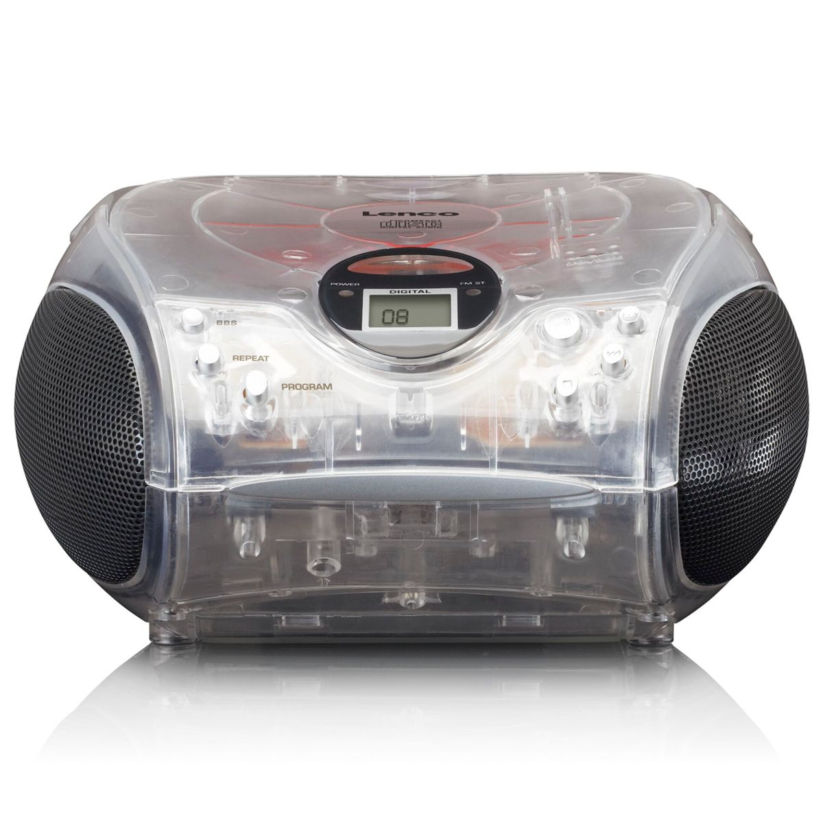 Przezroczysty boombox CD Lenco. Ma głośniki po bokach, przyciski i wyświetlacz cyfrowy.