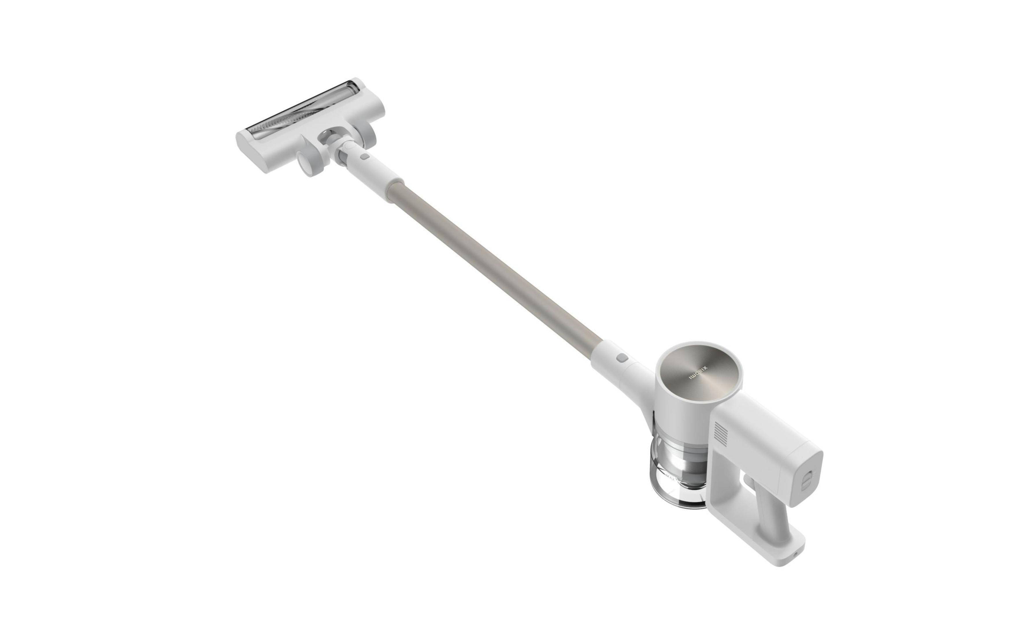 Biały odkurzacz bezprzewodowy, pokazujący uchwyt, korpus i głowicę czyszczącą.