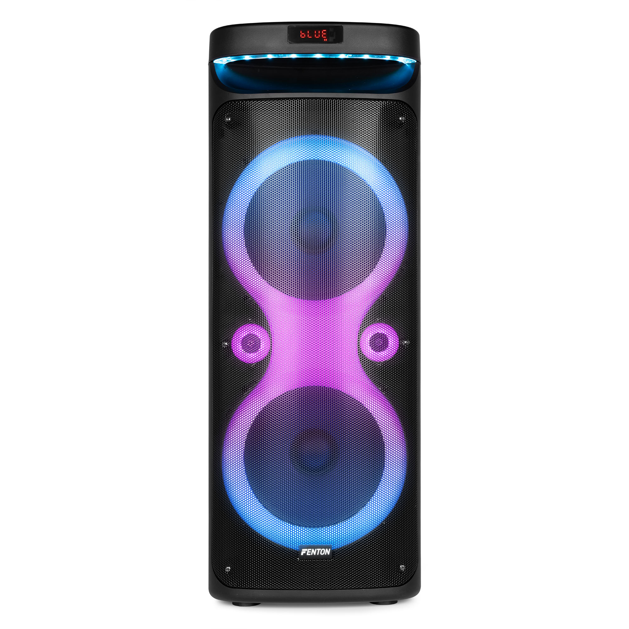 Un altavoz negro grande con luces azules y moradas, con una rejilla frontal negra.