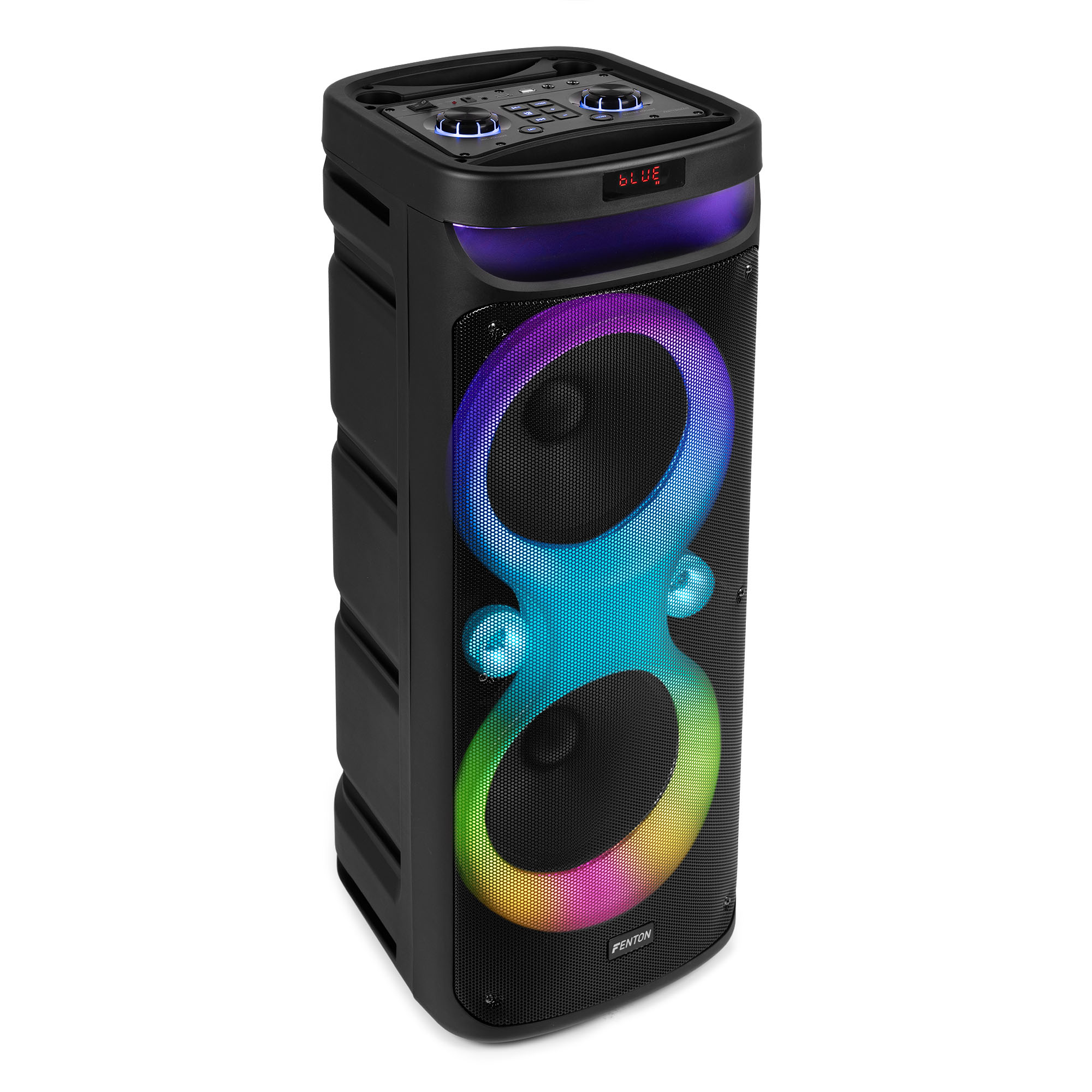 Altavoz negro con luces de cambio de color. Texto: Azul, Fenton. Forma de 8.