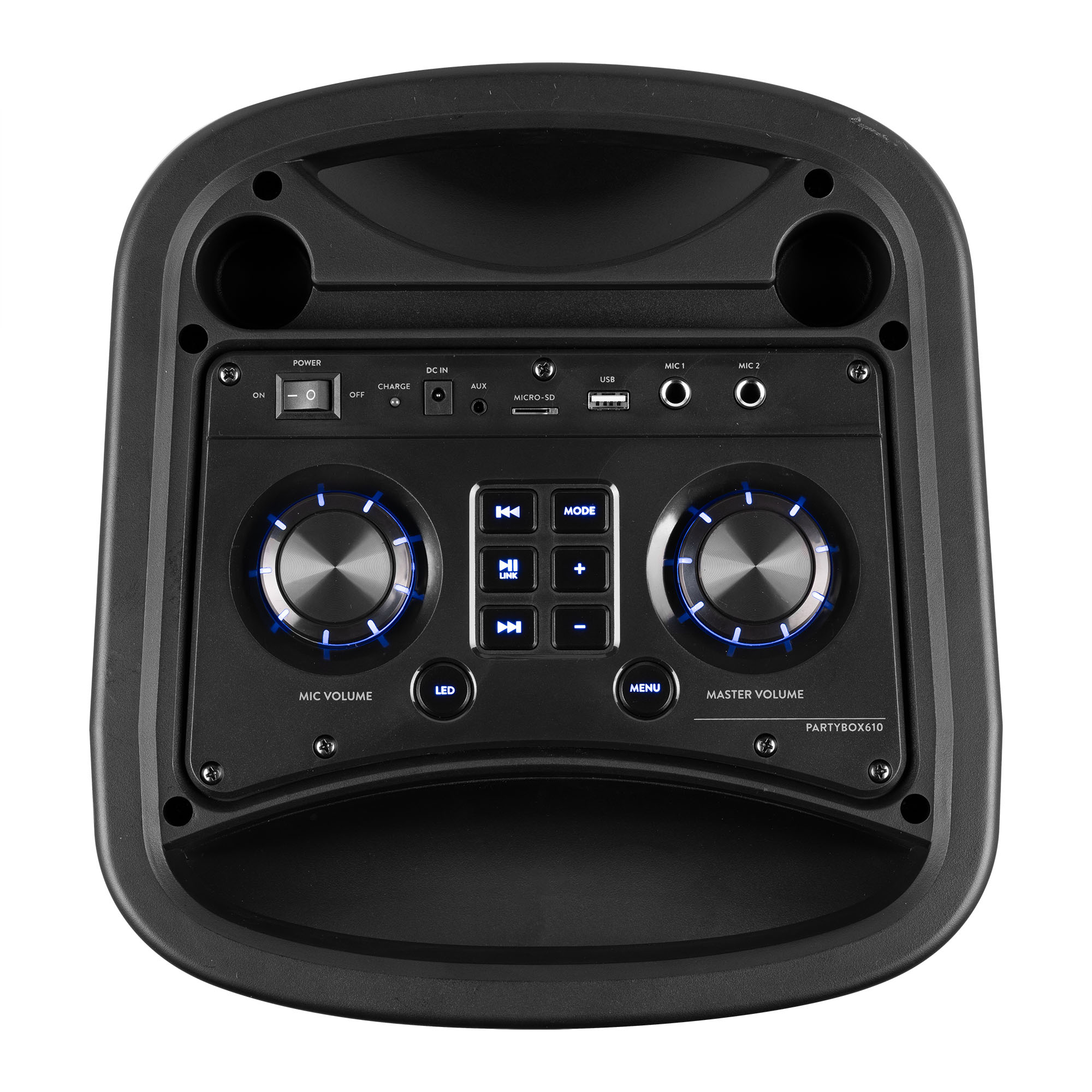 Panel de control de altavoz negro con muchos botones y luces.