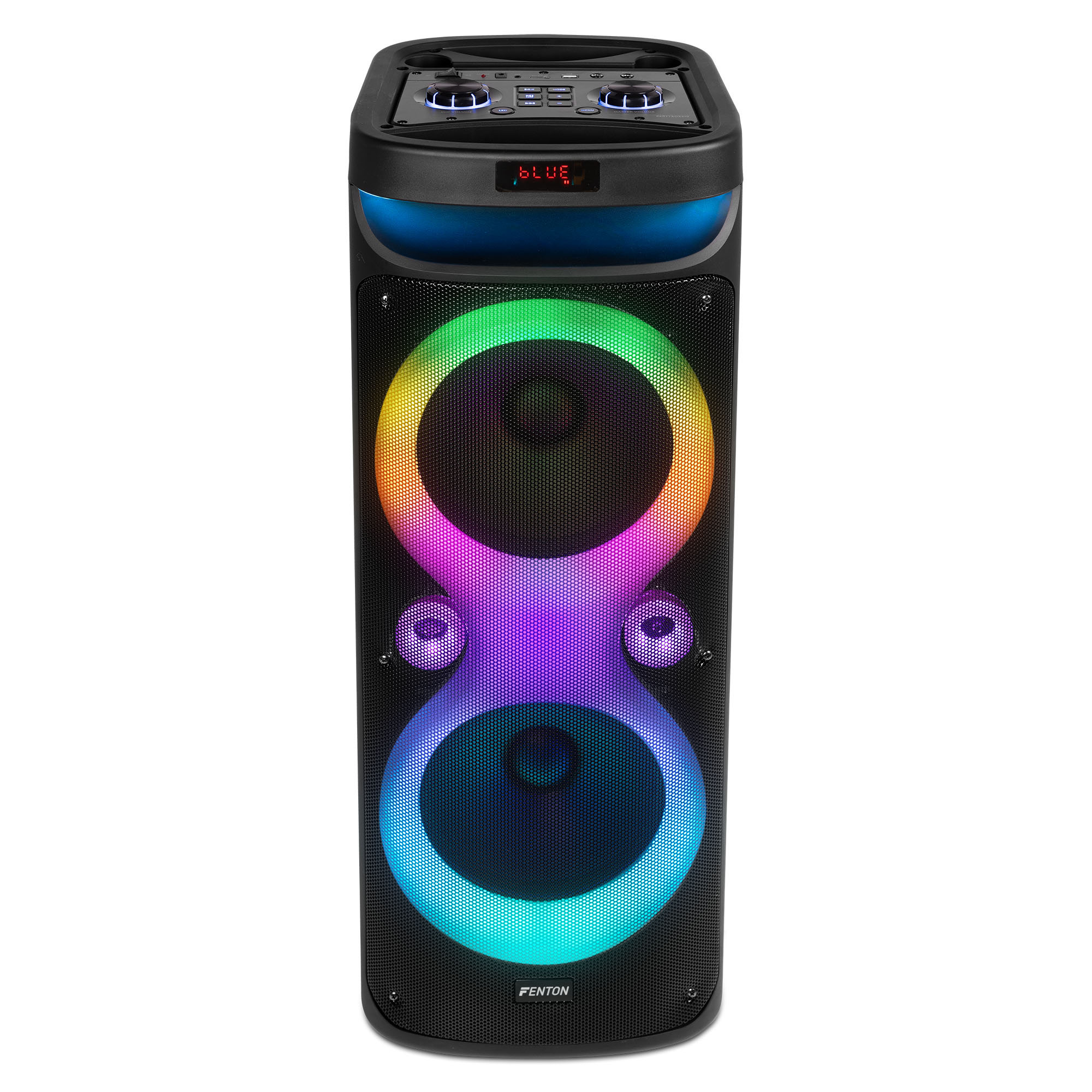 Altavoz negro con luces LED de colores. Cuenta con una pantalla y botones.
