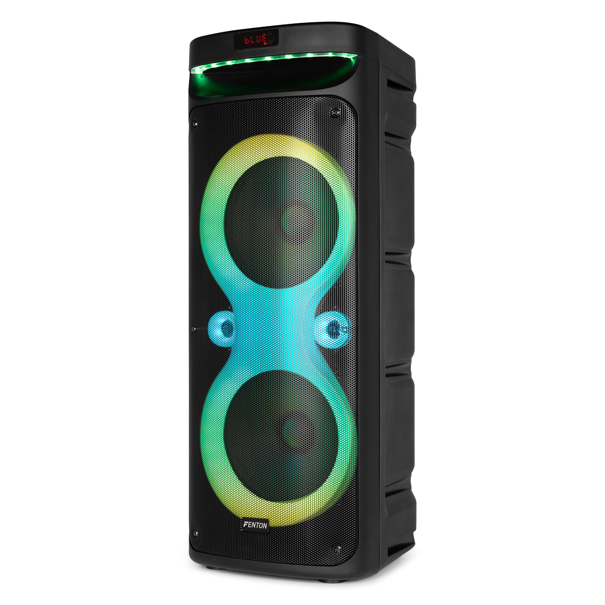 Un altavoz negro con luces coloridas. El altavoz tiene una parte frontal de malla con la marca Fenton.