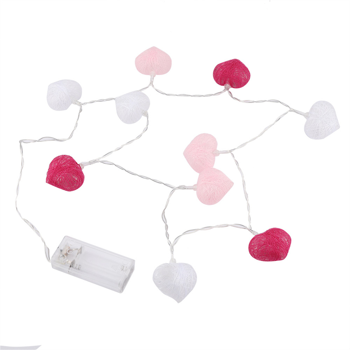 Lichterketten mit weißen Baumwollkugeln und rosa und roten herzförmigen Lichtern. Batteriepack links.