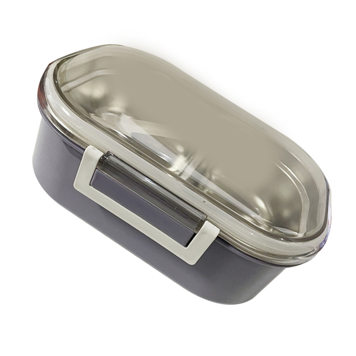 Graue und transparente Lunchbox mit sicherem Verschlussmechanismus, isoliert auf weißem Hintergrund.