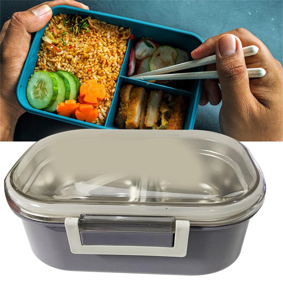 Bento-Box mit Essen, gehalten von Händen. Der Deckel ist durchsichtig. Das Essen umfasst Reis, Fleisch und Gemüse.