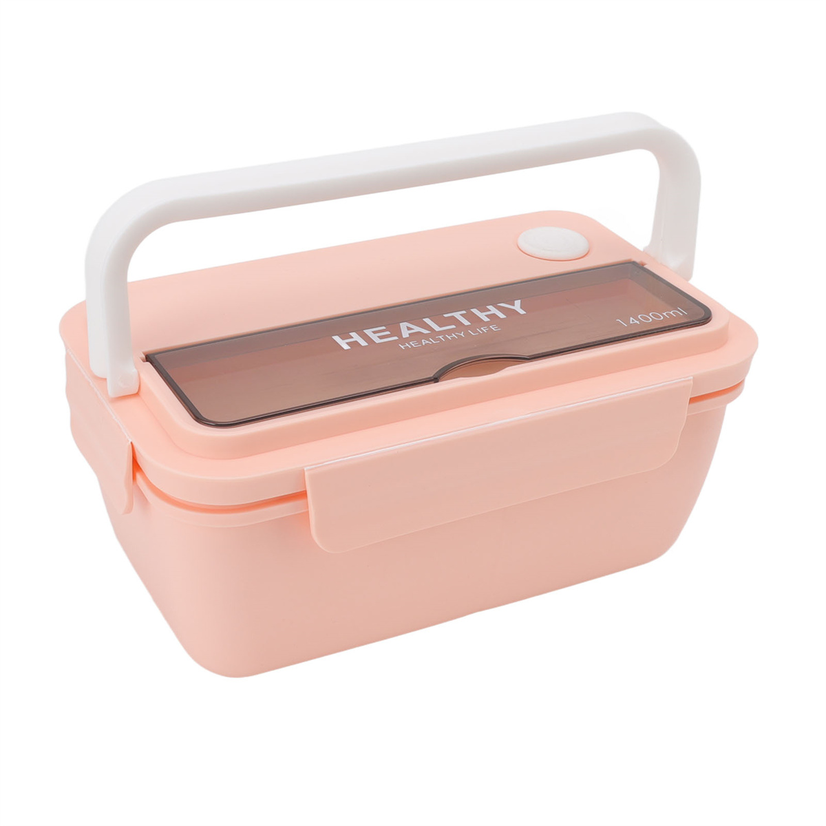 Rosa Lunchbox mit weißem Griff und transparentem Deckel mit dem Text 'Healthy Life'.