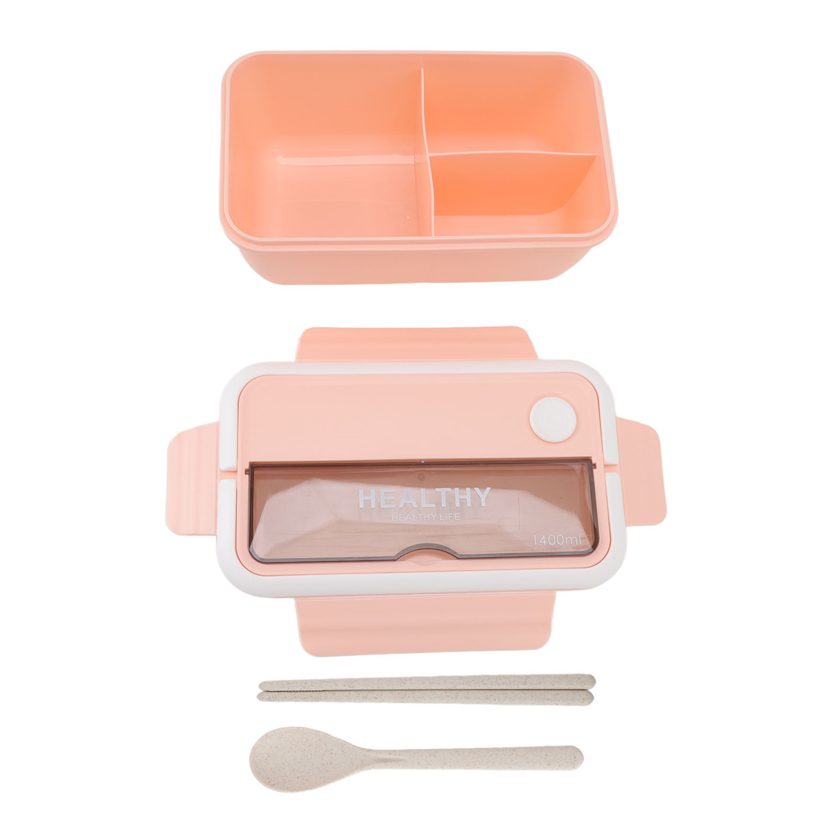 Rosa Lunchbox mit Fächern, offen, mit Besteck. Weißer Hintergrund.