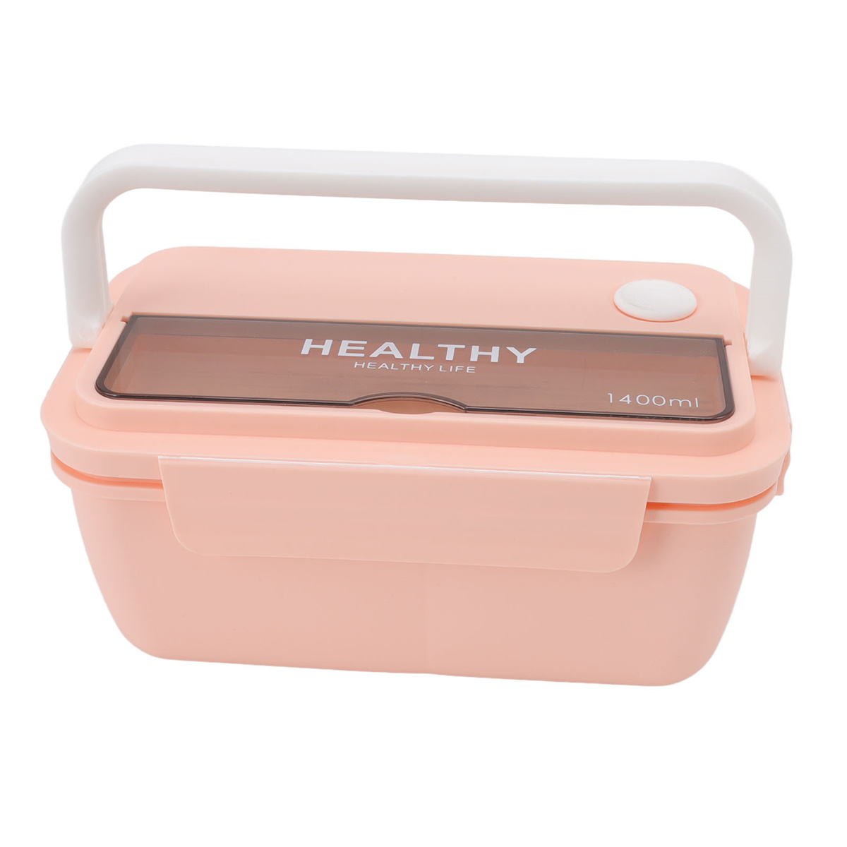 Eine rosa Lunchbox mit Henkel, die Worte 'HEALTHY HEALTHY LIFE' sind sichtbar.
