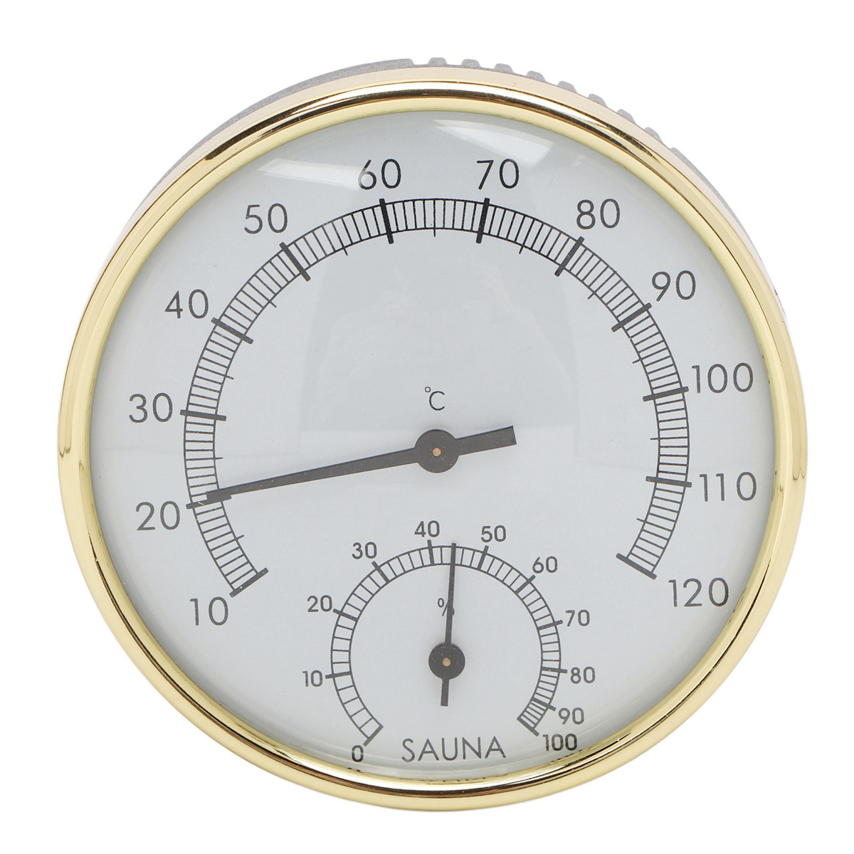 Runder Saunathermometer mit Goldrand, weißem Zifferblatt und schwarzen Zeigern.