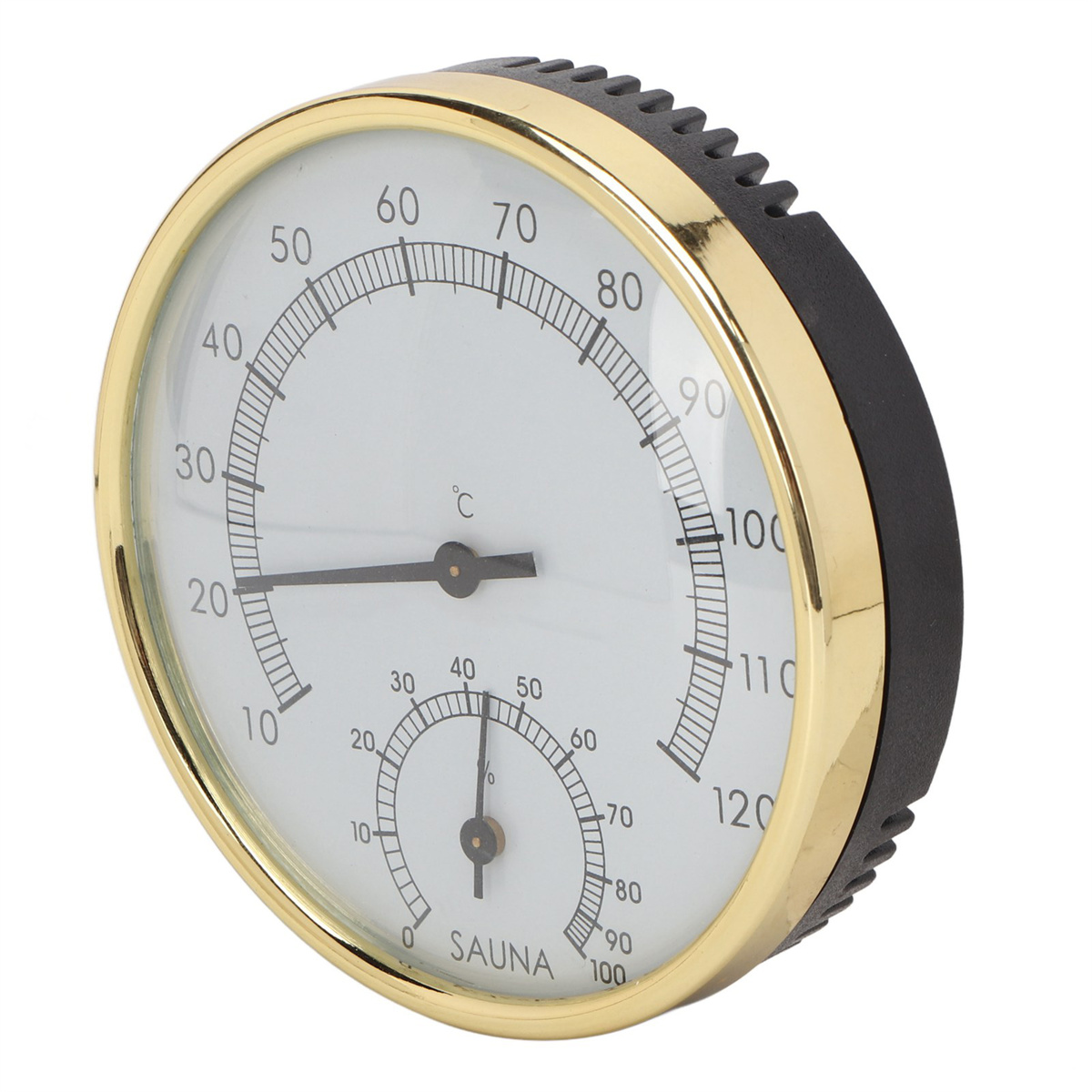 Ein runder Sauna-Thermometer mit goldenem Rand, der Temperatur- und Feuchtigkeitsmesser zeigt, vor weißem Hintergrund.