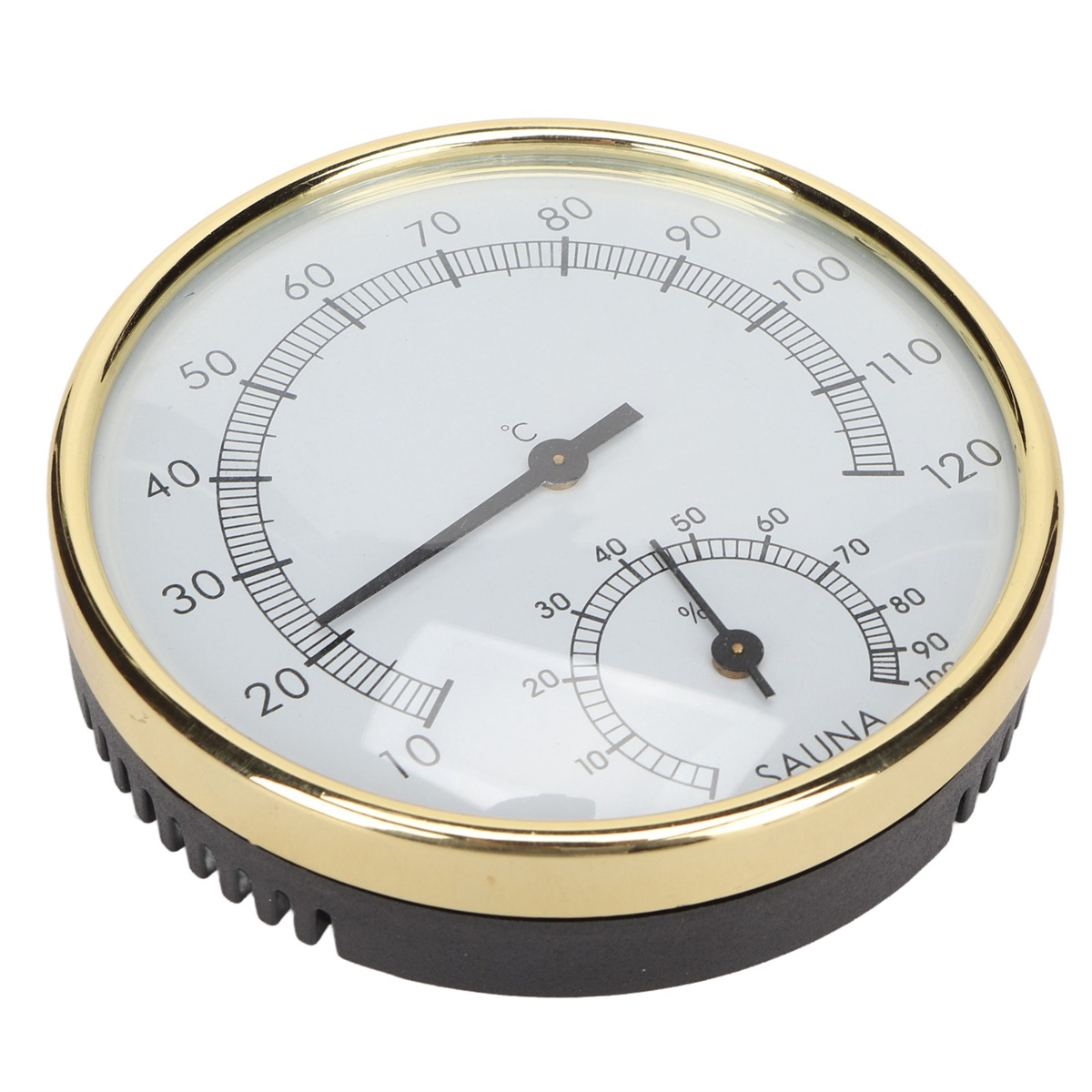 Ein runder Sauna-Thermometer mit goldenem Rand. Es hat zwei Zifferblätter für Temperatur und Luftfeuchtigkeit.