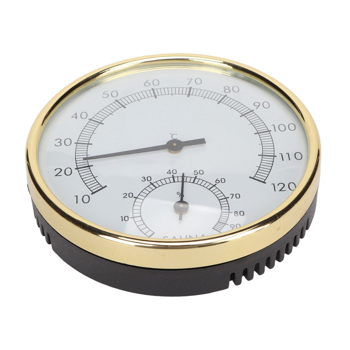 Ein runder Thermometer mit Goldrand, der Temperatur- und Feuchtigkeitsmesswerte anzeigt.