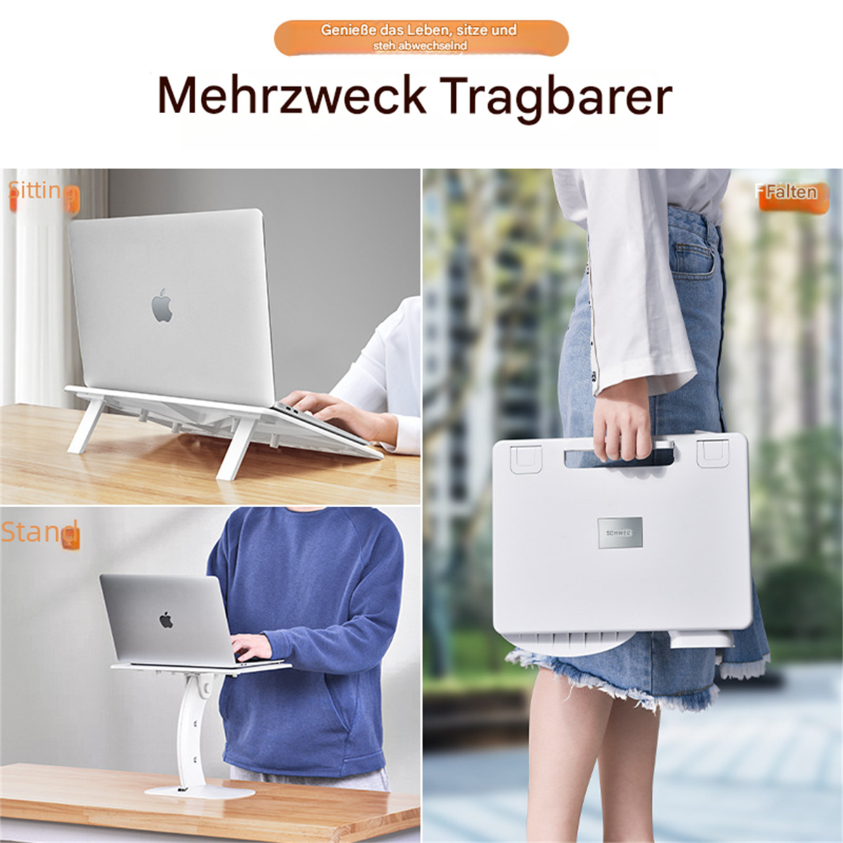 Ein Laptop auf einem weißen Ständer, der in drei verschiedenen Positionen gezeigt wird: sitzend, stehend und gefaltet.