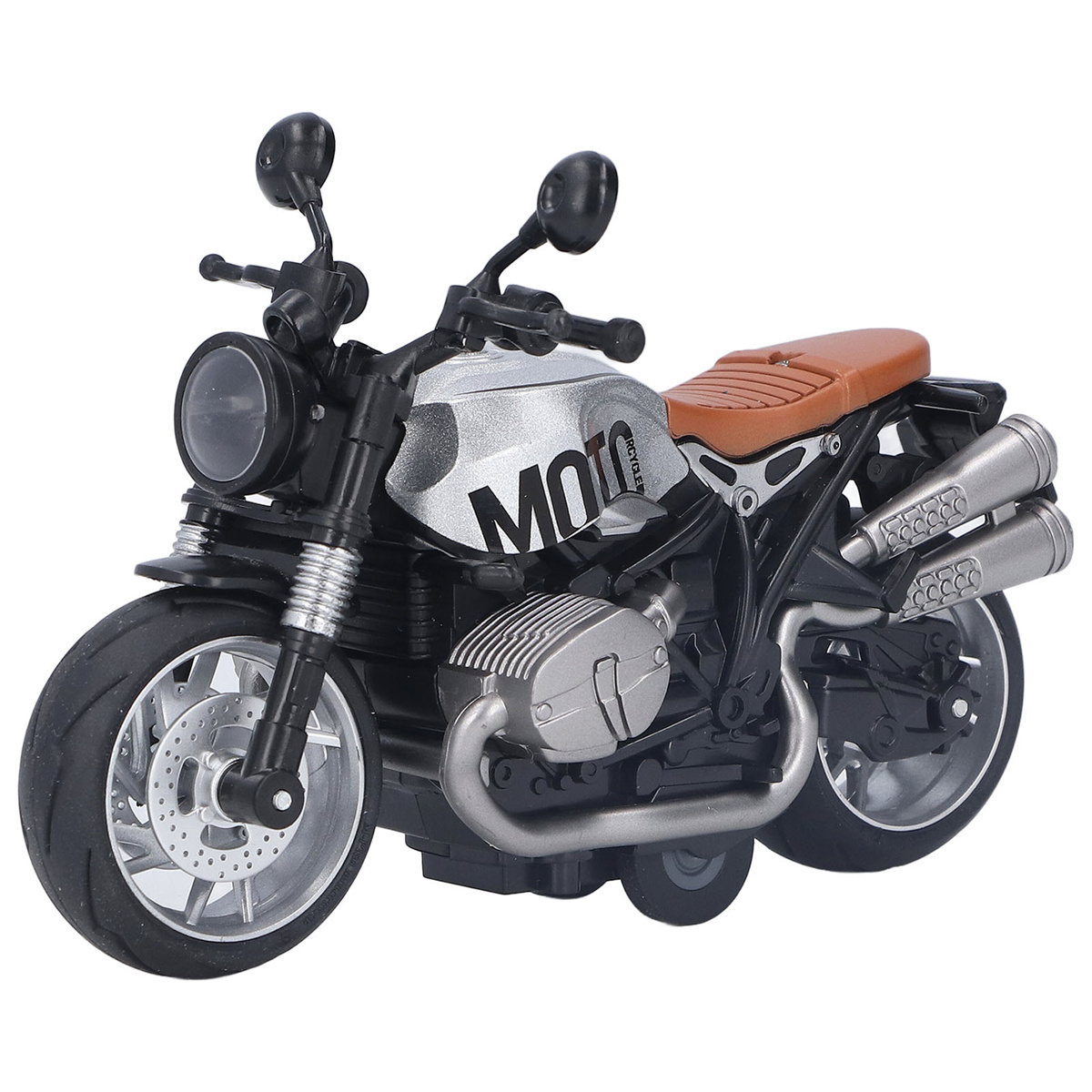 Ein Spielzeugmotorrad, schwarz, silber und braun, mit dem Wort 'MOTO' an der Seite.