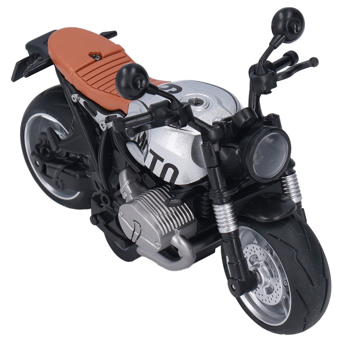 Spielzeugmotorrad mit braunem Sitz, silbernem Tank und schwarzem Rahmen.