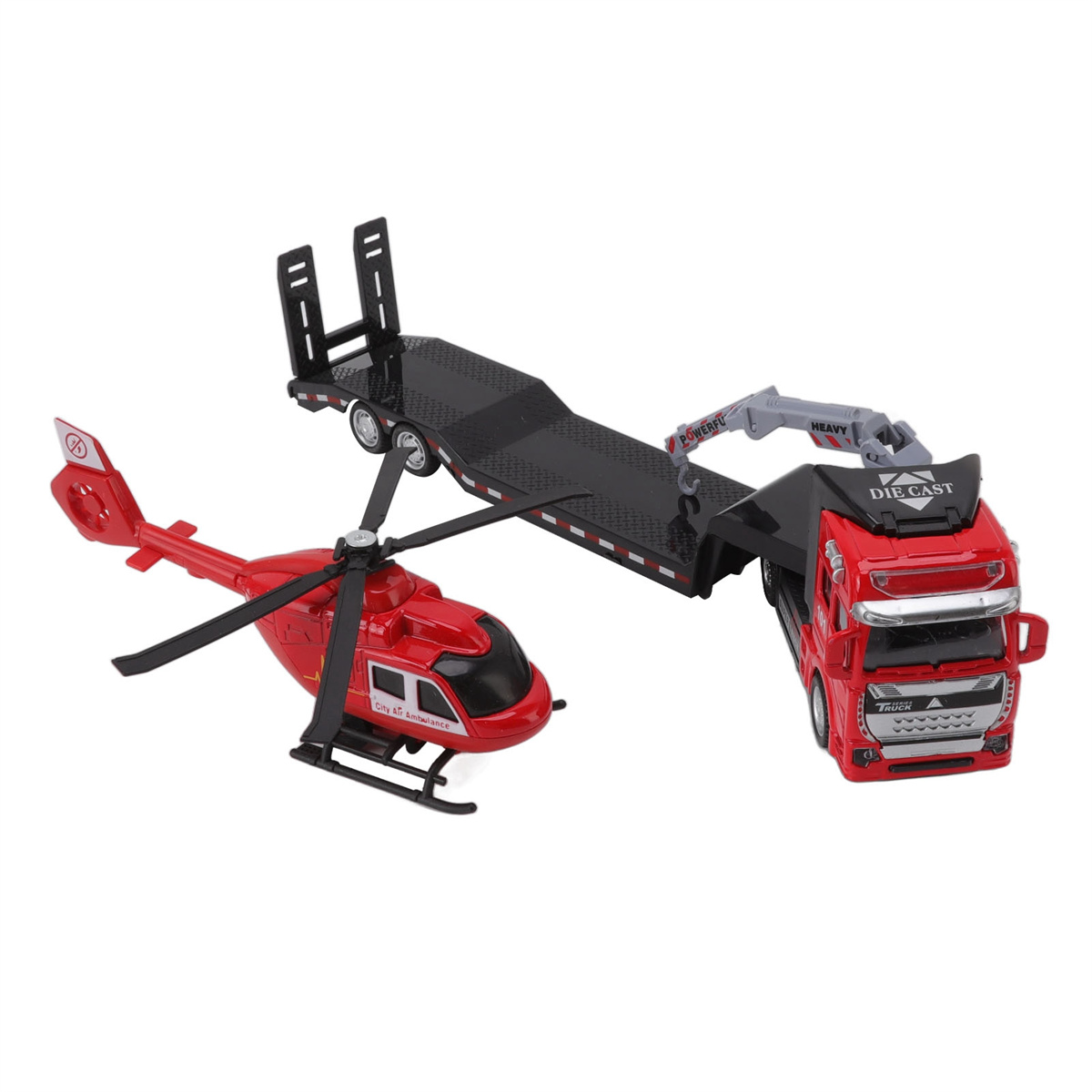 Ein roter Spielzeug-LKW, der einen Hubschrauber mit Anhänger transportiert.