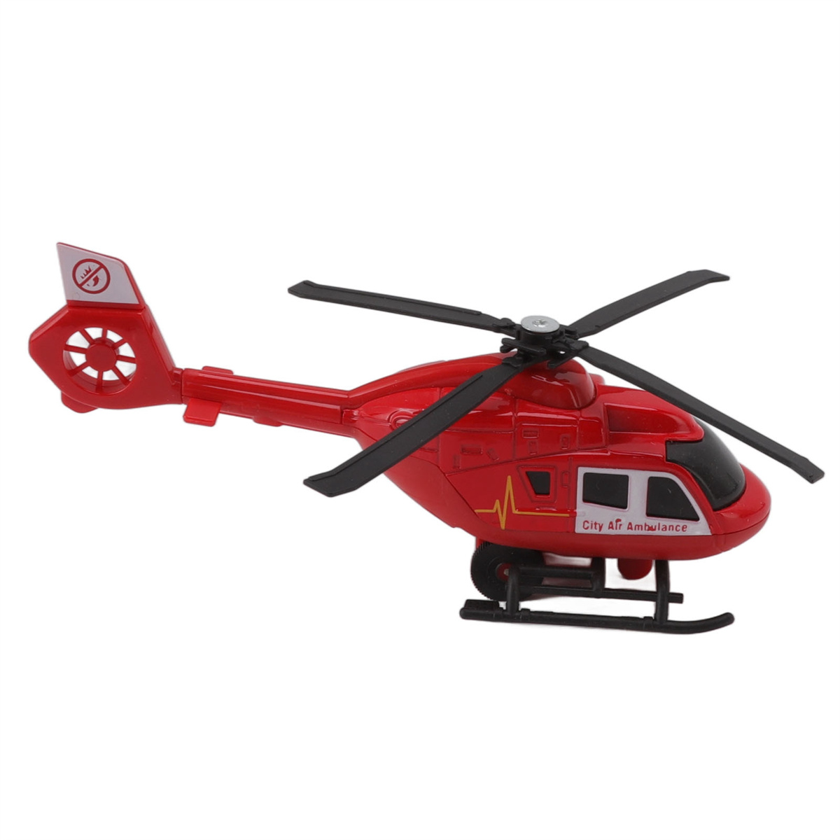 Roter Spielzeughelikopter mit schwarzen Rotorblättern. Aufschrift: City Air Ambulance.