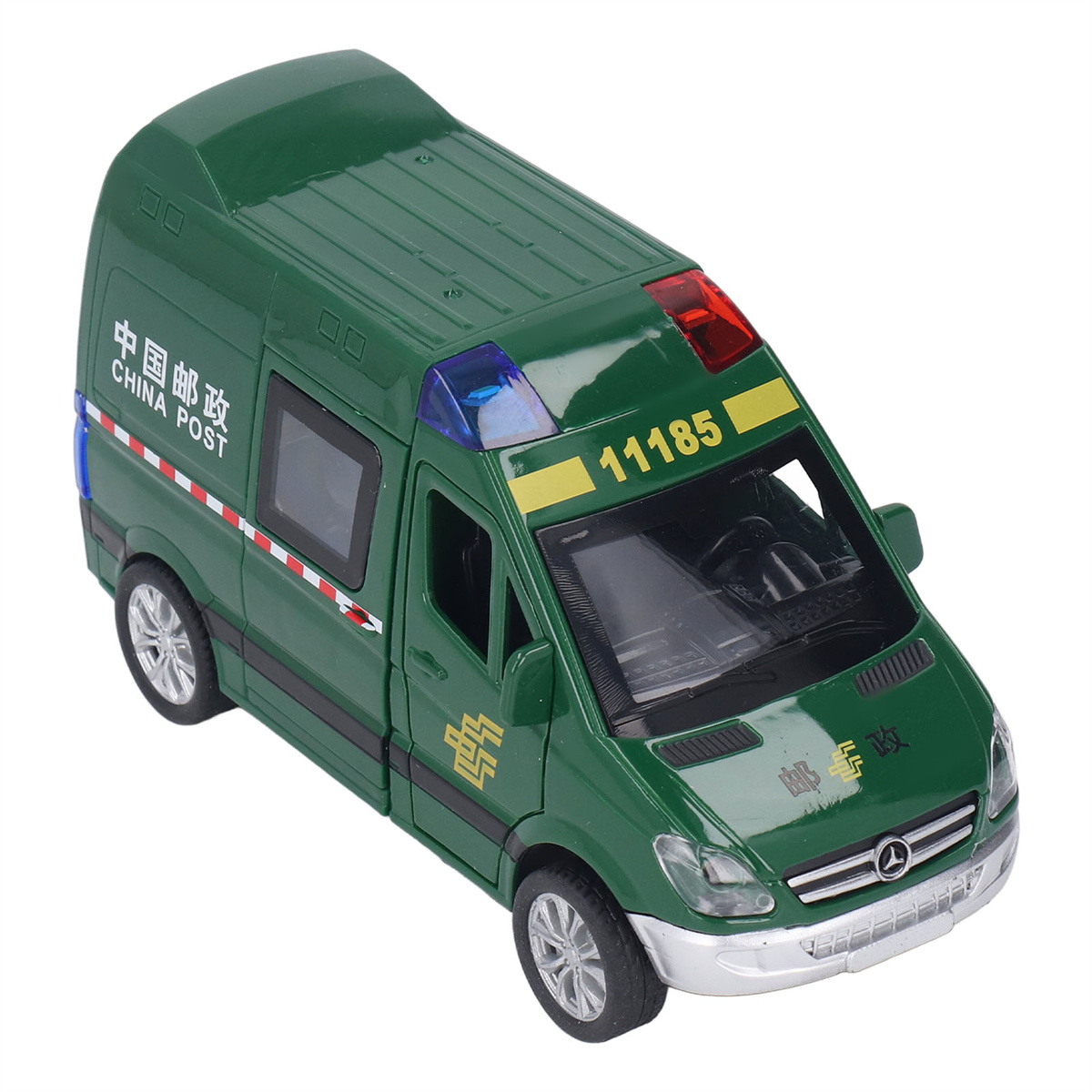 Grüner Spielzeug-Posttransporter mit blauen und roten Lichtern, mit dem Schriftzug China Post.