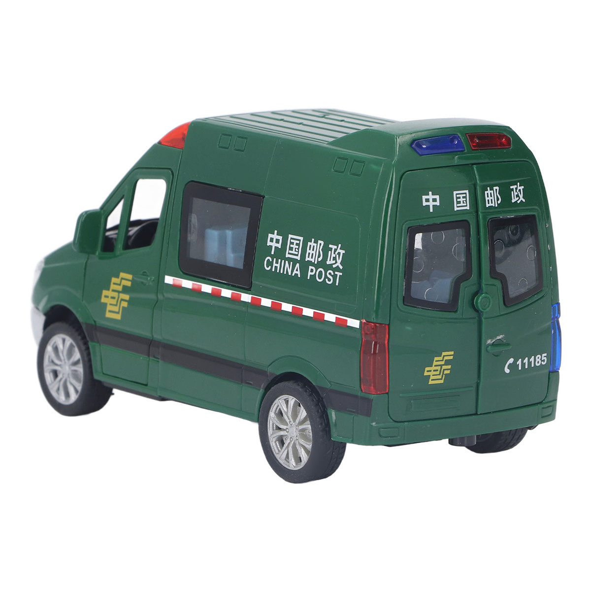 Grüner Spielzeug-Lieferwagen. China Post Logo und Text. Rote und blaue Lichter oben.
